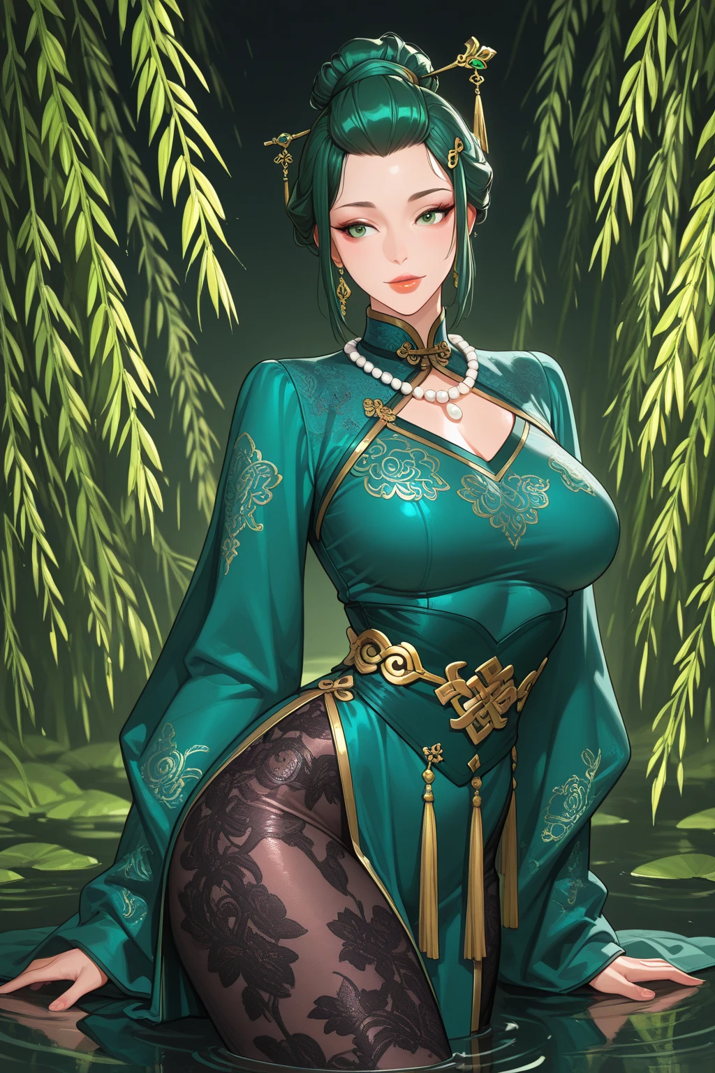 detailed skin texture, detailed cloth texture, beautifully detailed face, masterpiece, best quality, ultra detailed, 8k, intricate details, best quality, 1girl, bangs, bare_shoulders, black_hair, ancient china background, big breasts, thin, cape, cleavage, collarbone, green dress with patterns, gloves, hair_bun, hair_ornament, hair_stick, jewelry, one mole under eye, necklace, smile, solo, thighhighs, <lora:punishingGreyRaven_V20:0.5>, <lora:hipoly3DModelLora_v10:0.5>, (hiqcgbody:0.5), (hiqcgface:0.5), , full-body shot, <lora:fashionGirl_v45:0.5>