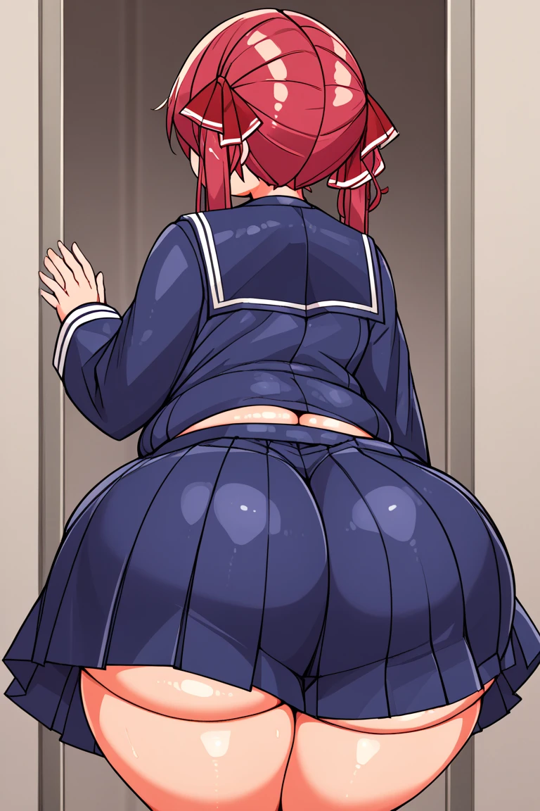 ((best quality)), ((masterpiece)), (cartoony style), perfect face, male character, ((femboy)), cute boy, (japanese schoolboy), (japanese school light blue summer sailor uniform), wet clothing, ((light brown thin skintight bike shorts)), white socks, (bottom heavy), ((big butt)), wide hips, ((thick plump thighs)), (visible bulge in pants), (flat chest), small breasts, (slim belly), fair skin, (short brown hair), big hazel eyes, ((detailed eyes)), red cheeks, blush, (smug smile), ((bratty expression)), ((sweaty)), steaming breath, aroused, (japanese school background), teasing pose
