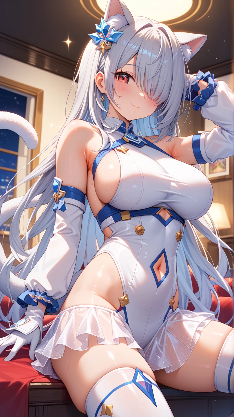 (Masterpiece), (best quality), 1girl, ((angle from below)), ((from below)), ((looking down)), smirk, long hair, white hair, cat ears, blue eyes, arms up, ((big breasts)), ((wide hips)), blue latex bunny suit, skirt, moon, stars
