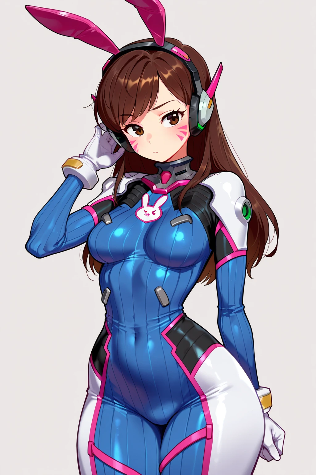 (masterpiece:1.2), best quality, masterpiece, highres, perfect lighting,1girl, ;\), animal print, bangs, blue bodysuit, bodysuit, bracer, breasts, brown eyes, brown hair, bunny print, character name, cowboy shot, d.va \(overwatch\), facepaint, facial mark, gloves, gradient, gradient background, headphones, heart, heart hands, high collar, lips, long hair, looking at viewer, medium breasts, nose, one eye closed, pilot suit, pink lips, ribbed bodysuit, shoulder pads, skin tight, smile, solo, swept bangs, whisker markings, white gloves,<lora:DVA:0.7>