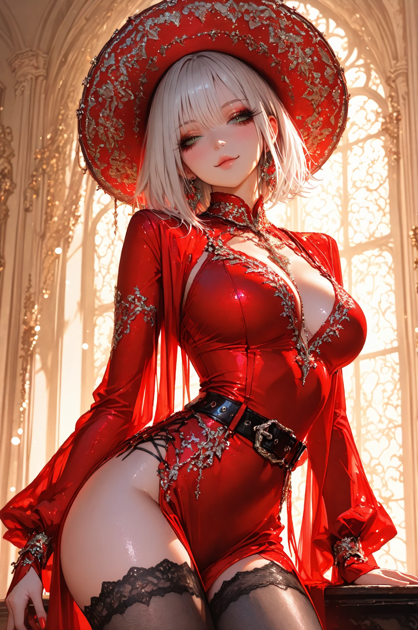masterpiece,Moody Lighting,best quality,high res,realistic,Pale skin,A beautiful girl,Light smile,style of a idol,cleavage,gigantic breasts,huge breasts,high heels,(full body), looking at viewer,Background blur,Crystal clear eyes,(solo),Thin lips,Exaggerated body proportions,large_hips,thick_thighs,Greasy skin,closed mouth,
sitting on a bench,Crossed legs,pantyhose,(china dress:1.4),white Lace Bra,Hair flower,Curly long hair,brown eyes,outdoors,park,belt,jewelry,earrings, eyepatch,
