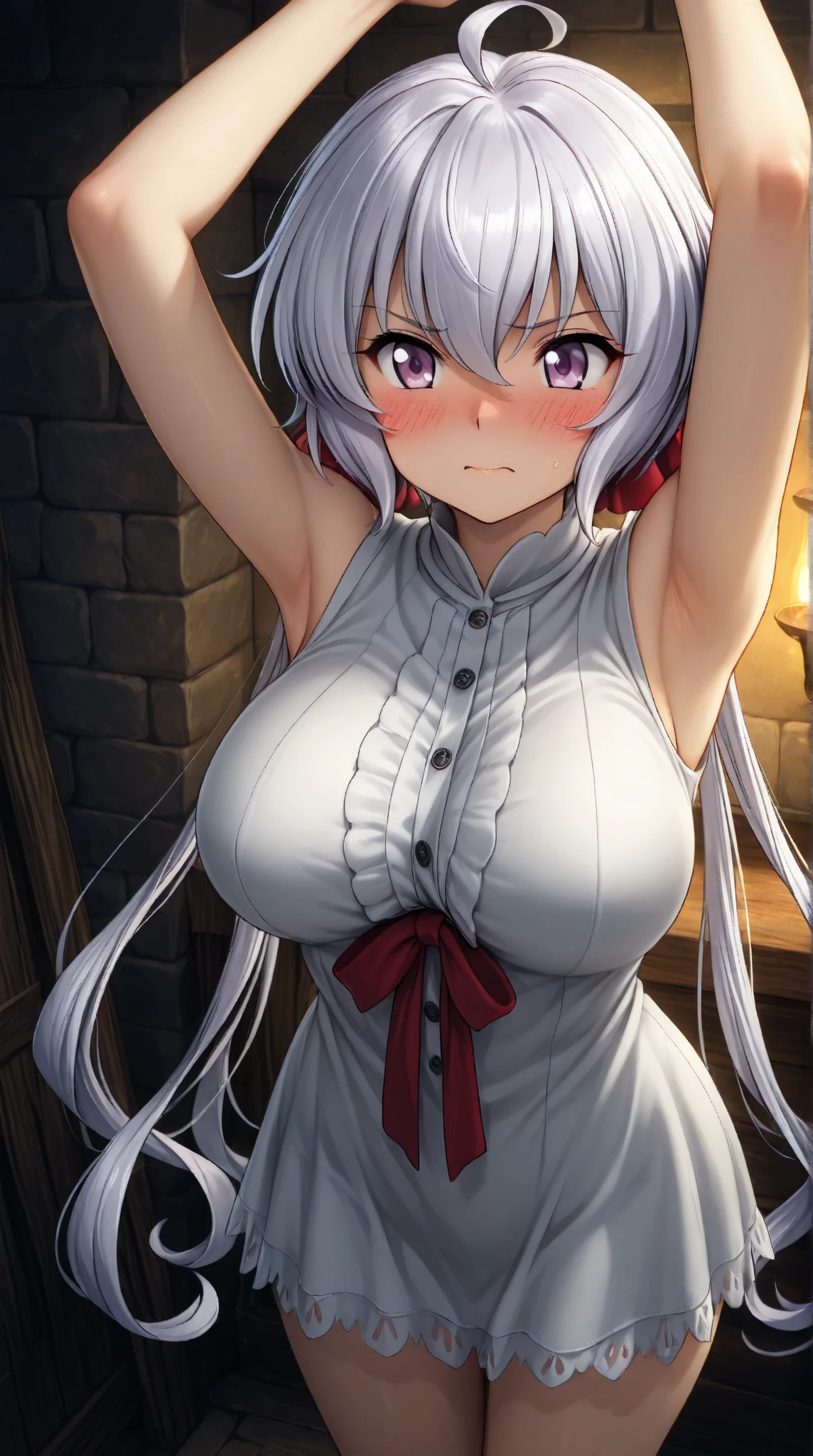 1girl, long hair, silver hair, silver eyes, , hair bow, church, large breasts, smile, ,(wearing nothing:2),, cooking, nsfw, , Sweating profusely, Love juice, Wet Woman, female , Nipples, Peeing, lactation, projectile lactation