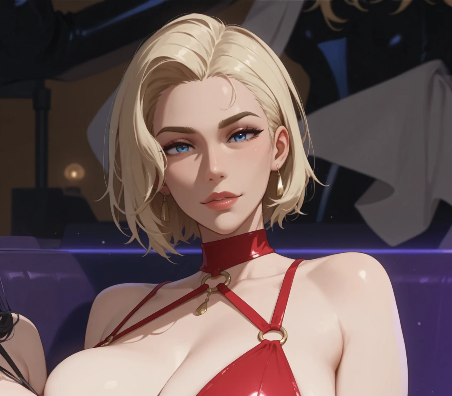 Best quality, masterpiece, ultra high res, 1girl, sexy, in the dark, deep shadow, low key, cold light, milf, dynamic light, cinematic lighting, cinematic lighting, down blouse, mature woman, middle parted hair, nsfw, natural breast, upper body, milf, nsfw, scarlet, final fantasy, blonde, face closeup, face detail, red lips detail