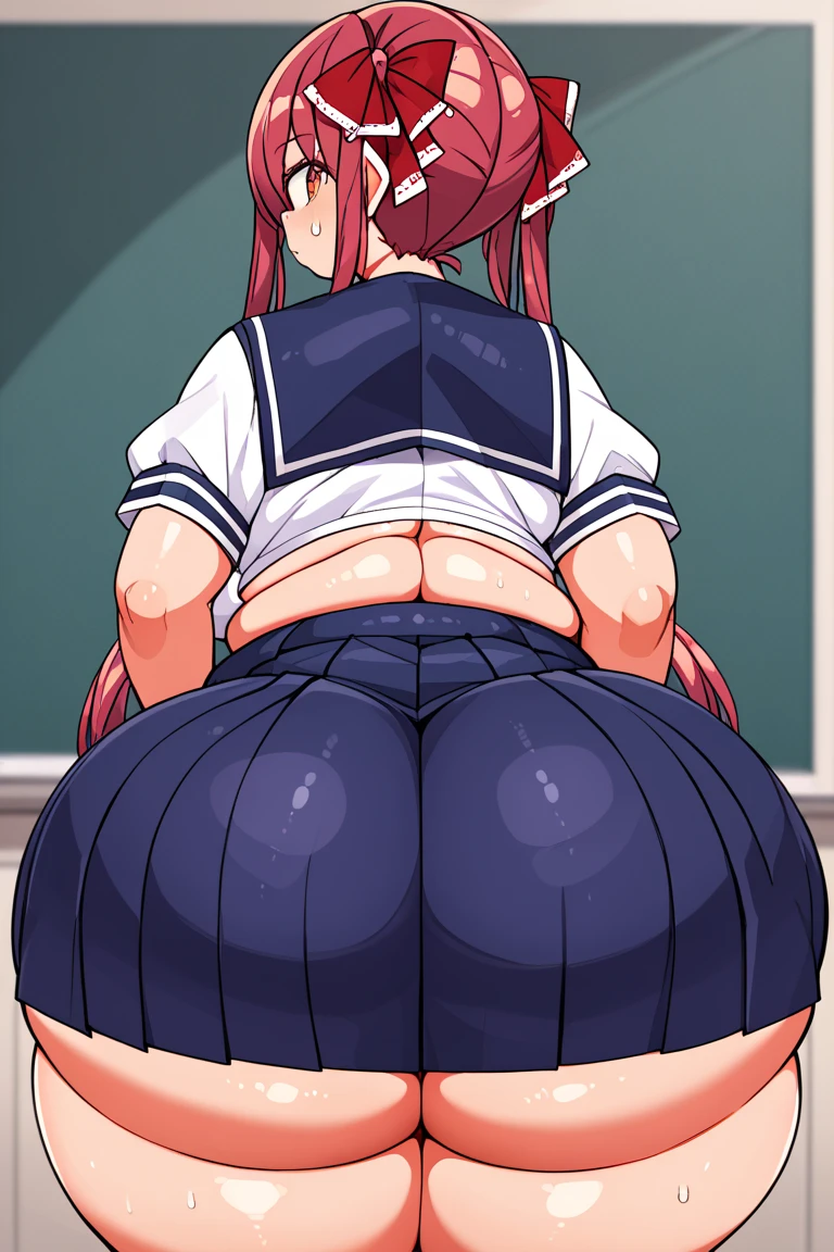 huge ass, wide hips, plump, Sitting at a desk in a chair, Take a look at us, Pink G-string, Detailed thick G-string, (Long socks), Twin-tailed, Black and Red High School Girl Uniform, crass room, Take a look at us, Soft smile, Skirt, Random hair color, smug face, Sitting,