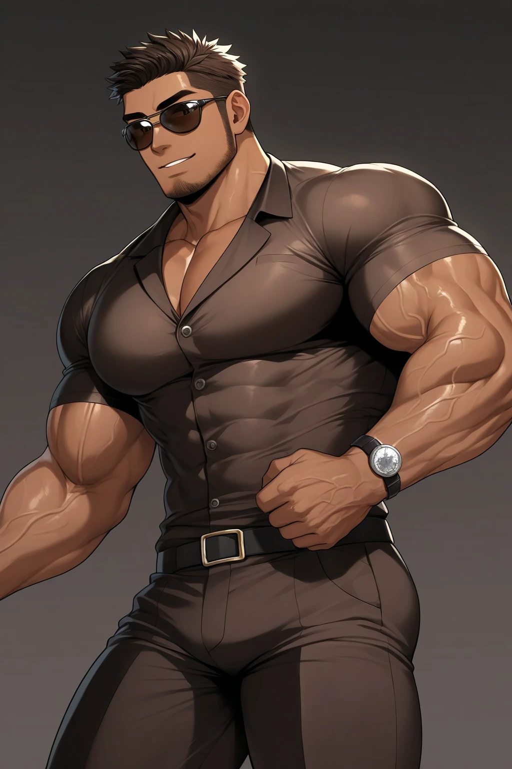 nsfw, (masterpiece, best quality:1.3), 1boy, muscle, car, night, side part hair, short hair, black hair, dark brown eyes, black suits, shorts, sunglasses, bodyguard, Tight breasts, Men breasts, huge thighs, Muscular men, thick arms, thick legs, huge body, strong, upper_body=(Face_through_torso), closed mouth, (clothe:1.2), penis line