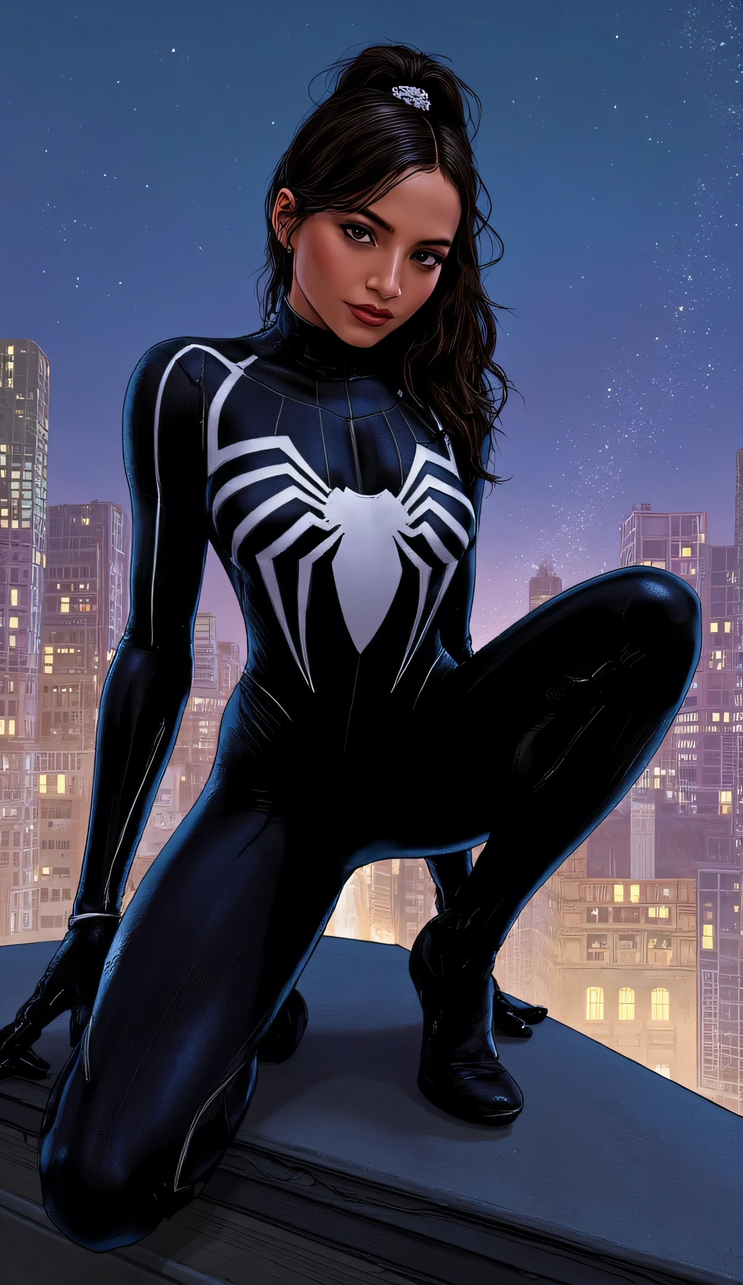 Isabela Merced as Spider-Girl, Anya Corazon, Marvel universe, warm brown skin, long brown hair tied in a high ponytail, crouched, dynamic superhero pose, on the edge of a rooftop, at night, wears sleek glossy black-and-white superhero catsuit, large white spider emblem on the chest, inspired by Spider-Man’s symbiote suit, suit fits snugly, smooth highlights, athletic form, city skyline behind, tall skyscrapers, glowing windows, starry night sky, illustration style, sharp and clean linework, high detail, vibrant colors, dramatic and cinematic atmosphere