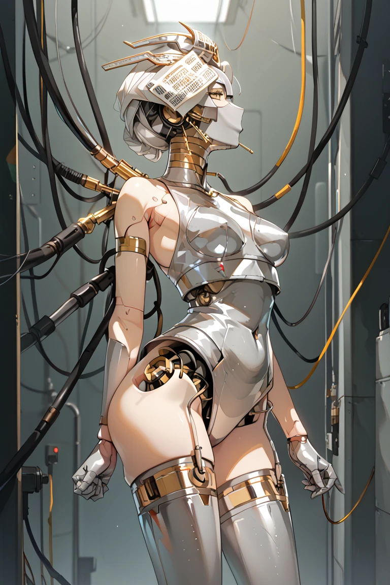 (Masterpiece, top quality, best quality, official art, Beauty and Aesthetics: 1.2), (1 Girl: 1.3), Very Detailed, Colorful, Most Detailed ((Super Detailed)), (Highly Detailed CG Illustration), (Very Delicate and Beautiful), (From the Side Side), Cinematic Lighting, ((1 Mechanical Girl)), Single, Complete, (Machine-Made Joints: 1.2), ((Mechanical Limbs)), (Many Mechanical Tentacles), (Binding), (Real), (Real), (Hips), (Sexy Pose), (Blood Vessels Connected to Tubes), (metal nipple), (mechanical vertebrae attached to the back), (real breast), (real, (exposed, ((mechanical cervical vertebrae attached to the neck)), (legs open), (expressionless, (wire and cable attached to the neck: 1.2), (wire and cable attached to the head: 1.2) (character focus), science fiction, black background