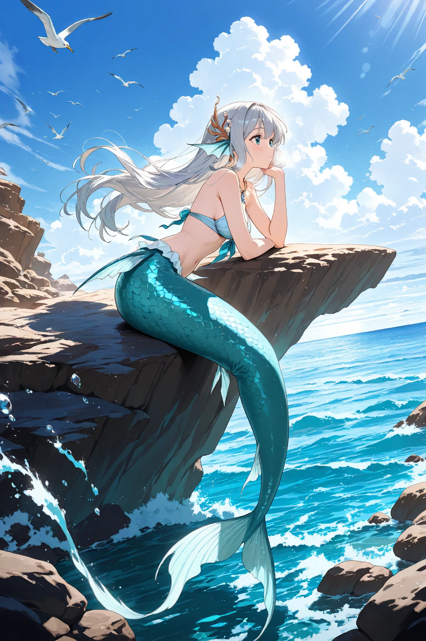 ((Top Quality)), ((Excellent)), (Details), masterpiece, best quality, UHD, ((Best quality, 8k, Masterpiece:1.3)), A graceful mermaid resting on a sunlit rocky reef near the surface of the ocean. She has short silver hair that glistens like moonlight, framing her delicate face. Her skin is smooth and luminous, reflecting the glow of the sea. Her mermaid tail is covered in shimmering scales that shift in shades of sapphire and aquamarine, flowing elegantly down to translucent fins. Droplets of seawater glisten on her shoulders as she leans slightly, taking a quiet breath of rest. The waves gently splash against the rocks, and seagulls can be seen flying in the distance. Sunlight filters through drifting clouds, illuminating her with a serene, ethereal glow. Fantasy art, highly detailed, atmospheric, tranquil ocean scene.
