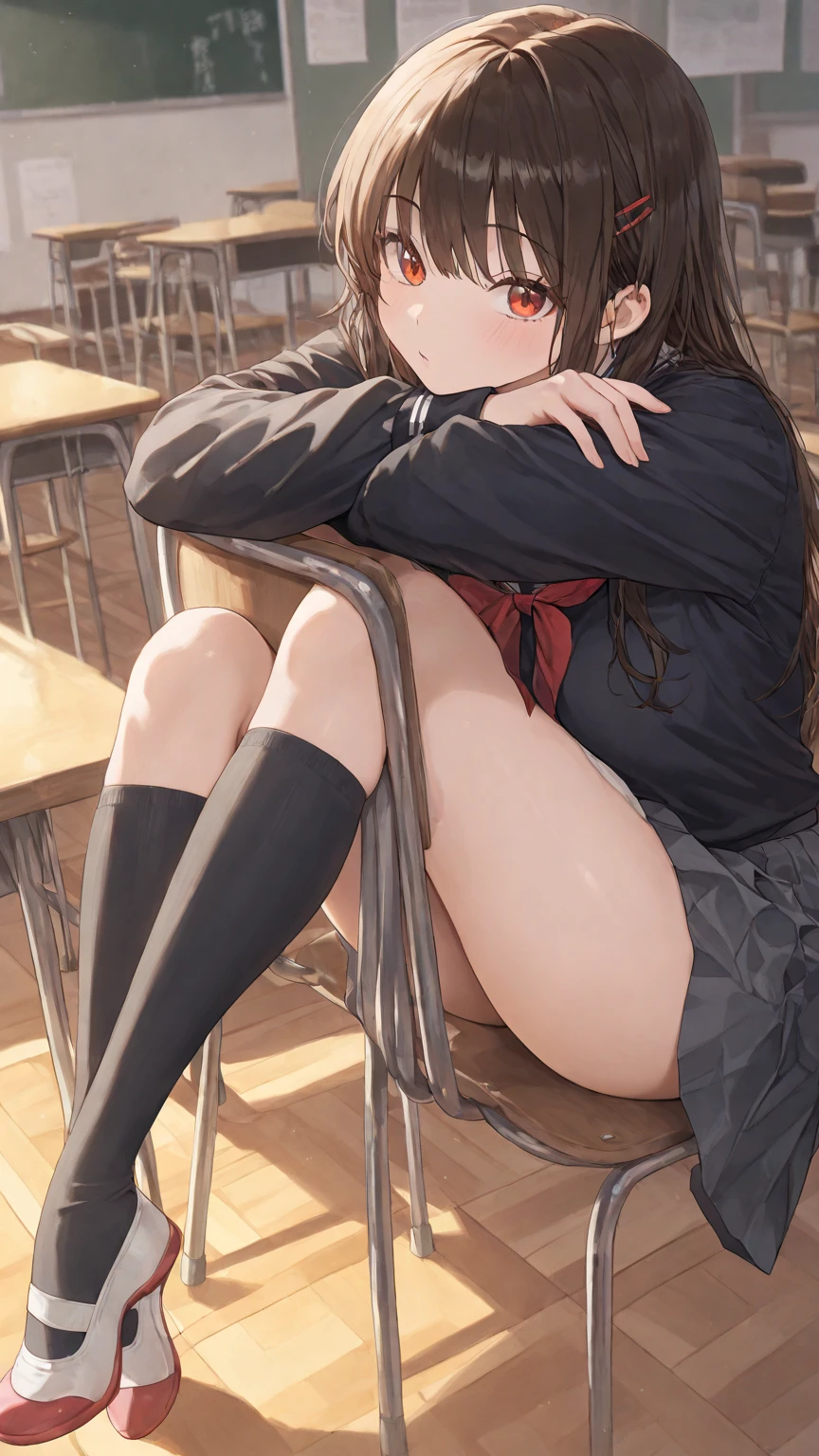 Masterpiece Top Quality High Resolution、Anna Tanaka , Long hair, Sit with your knees bent、beauty legs 、in a school、As if looking up from below、Ashamed