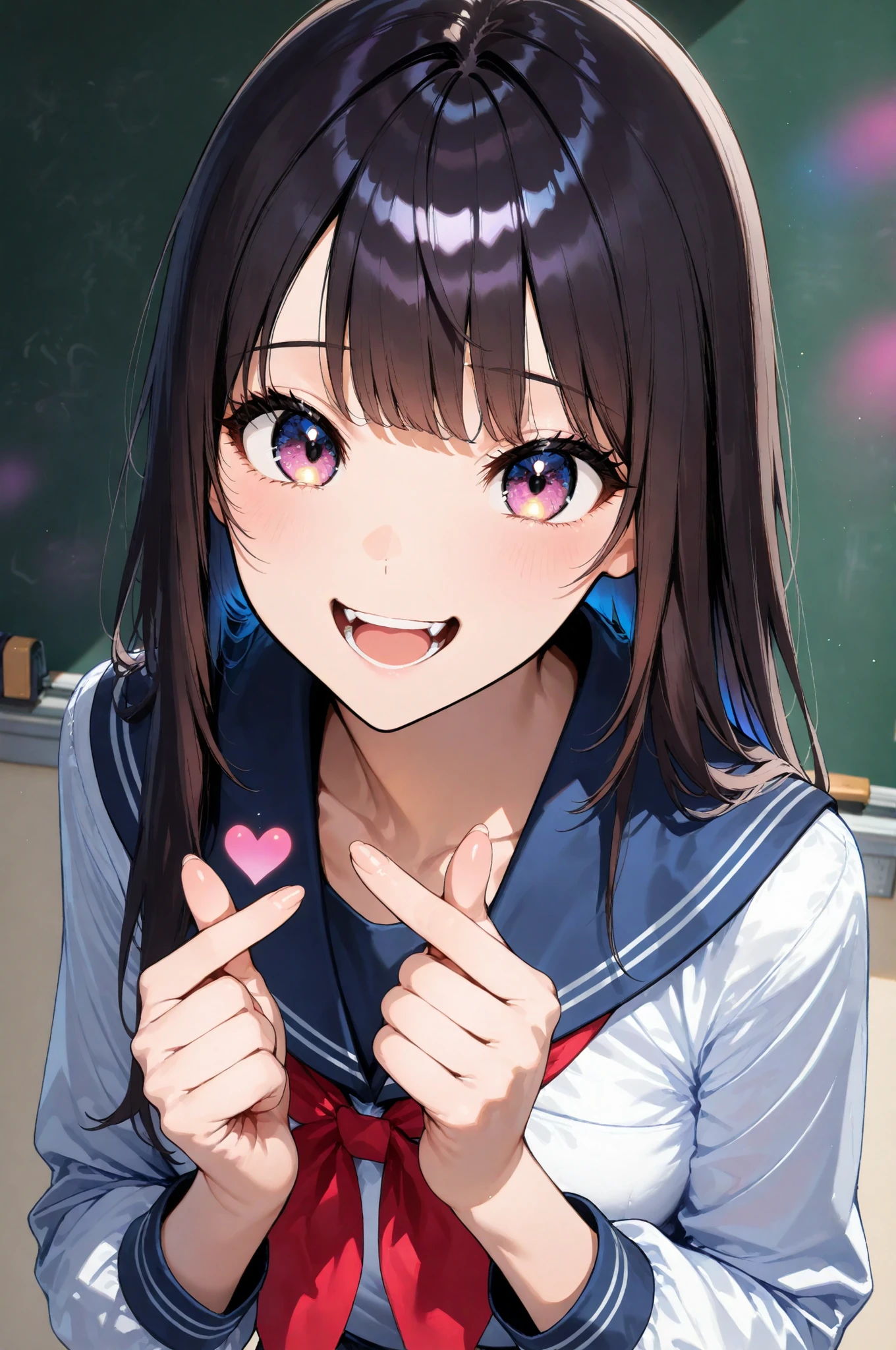 anime style, girl with a worried expression, School girl, Long Sleeve Sailor Suit, dark haired,  Long Hair , smile, open your mouth,  chalkboard background, Tilt your upper body forward,(4 fingers:2, finger heart), bust shot,slow motion,Modest clothing,Wrapped in Soft Light,quiet room,soft focus background,delicate skin texture,slightly sad eyes,high-definition realistic portrait,4K Digital Painting,elegant and elegant impression,pale pastel tones,masterpiece artwork, 