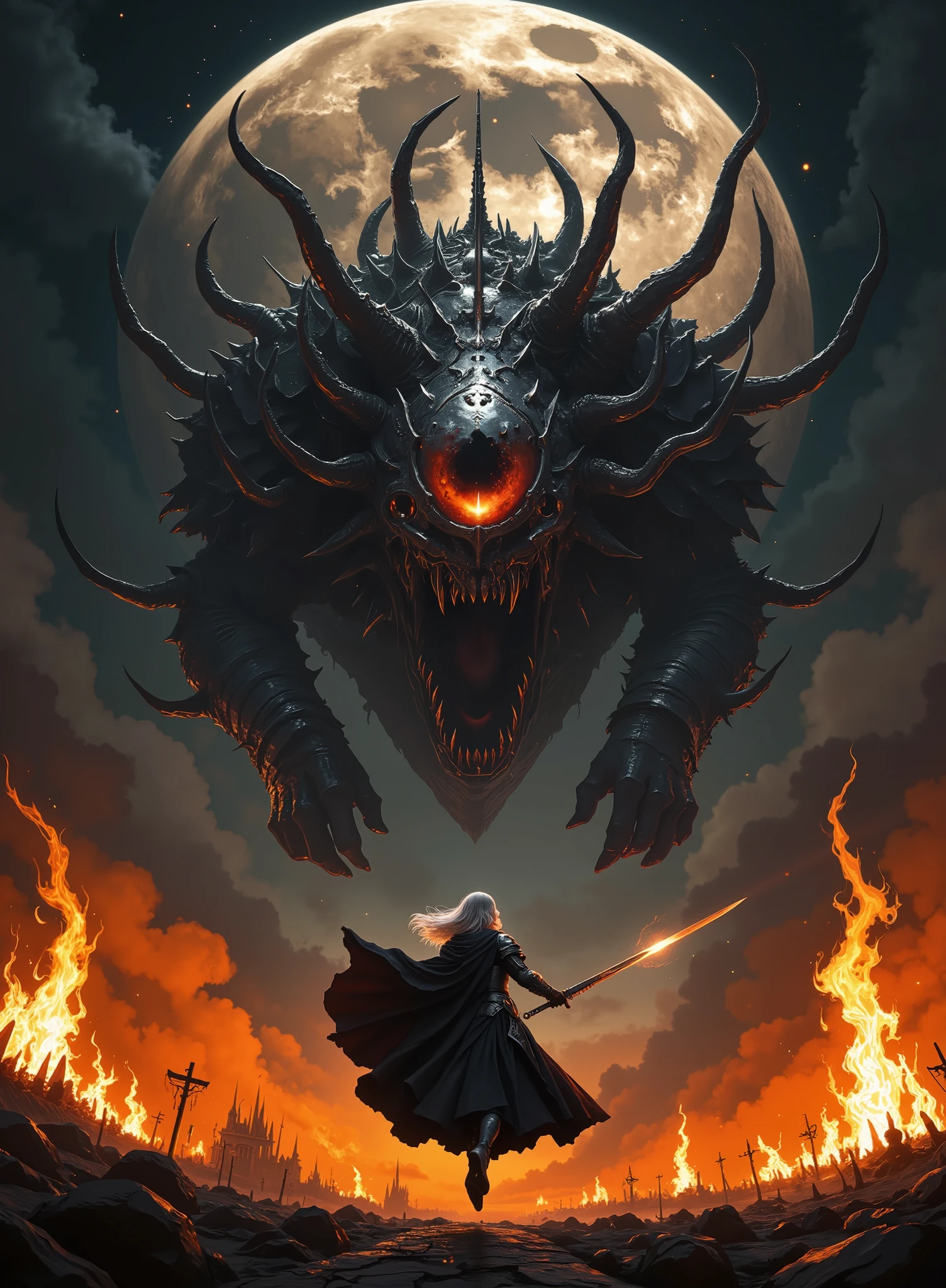 score_9, score_8_up, score_7_up,(hyper-realistic),(a view from right below),((side view)),(Asymmetrical Composition),{{{top quality}}} , {{Super Detailed}} , {{very delicate and beautiful}}, (masterpiece, UHD, 8K, 16K),(medieval fantasy),(close shot),
Under the (lunar eclipse), on the battlefield of burning flames,a monster consisting almost of (a huge one eyed creature with countless tentacles) floats in the air. A silver haired (female knight) jumps into the air facing the monster and forcefully stabs her long sword towards the monster's only one pupil, her long sword burning with flames. (silver armor), (tattered black cloak),
intricate details , natural light, diffused light, dramatic ambient