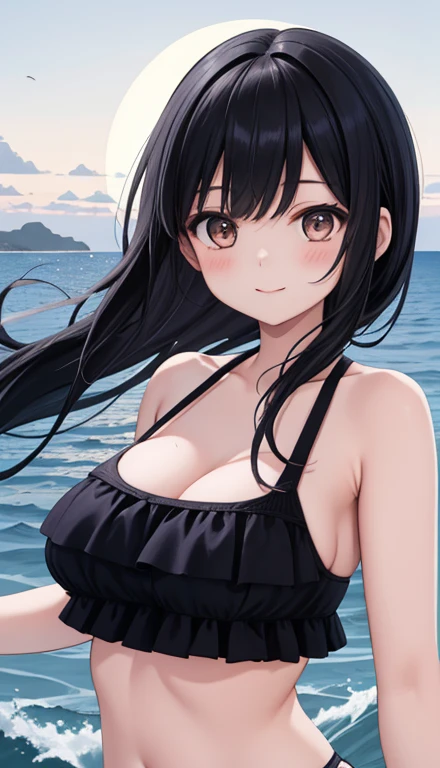 Black hair long straight　Straight Hair　Smooth and straight hair　Straight bangs　Half-top bikini　A sneak peek　Seaside hotel　Hand bra
