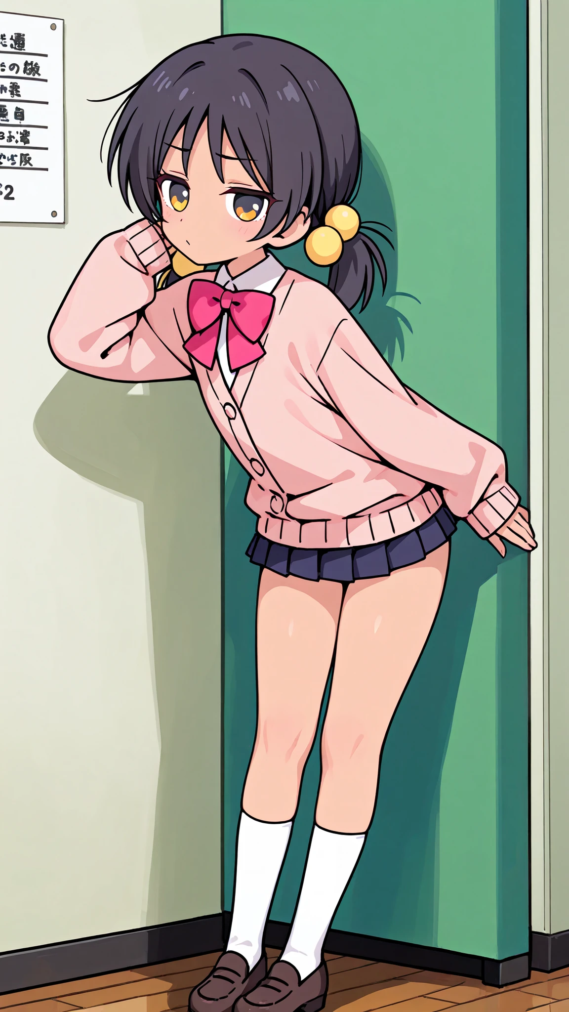 ((anime style)),nsfw,((sexy pose)),score_9, score_8_up, score_7_up, source_anime,high quality,detailed,high resolution,best quality,best detailed girl,masterpiece, 1girl , ((solo)),Kaai Yuki, a girl with dark hair, twin pigtails,cartoon-style outfit, light pink cardigan with a dark pink bow tie, ((((((((black mini skirt)))))))),(((white short sox))),(brown loafers),Art, Artstyle, Artist,(((((A glimpse of her thighs))))),