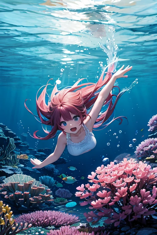 high quality, masterpiece, 1girl, girl half underwater,