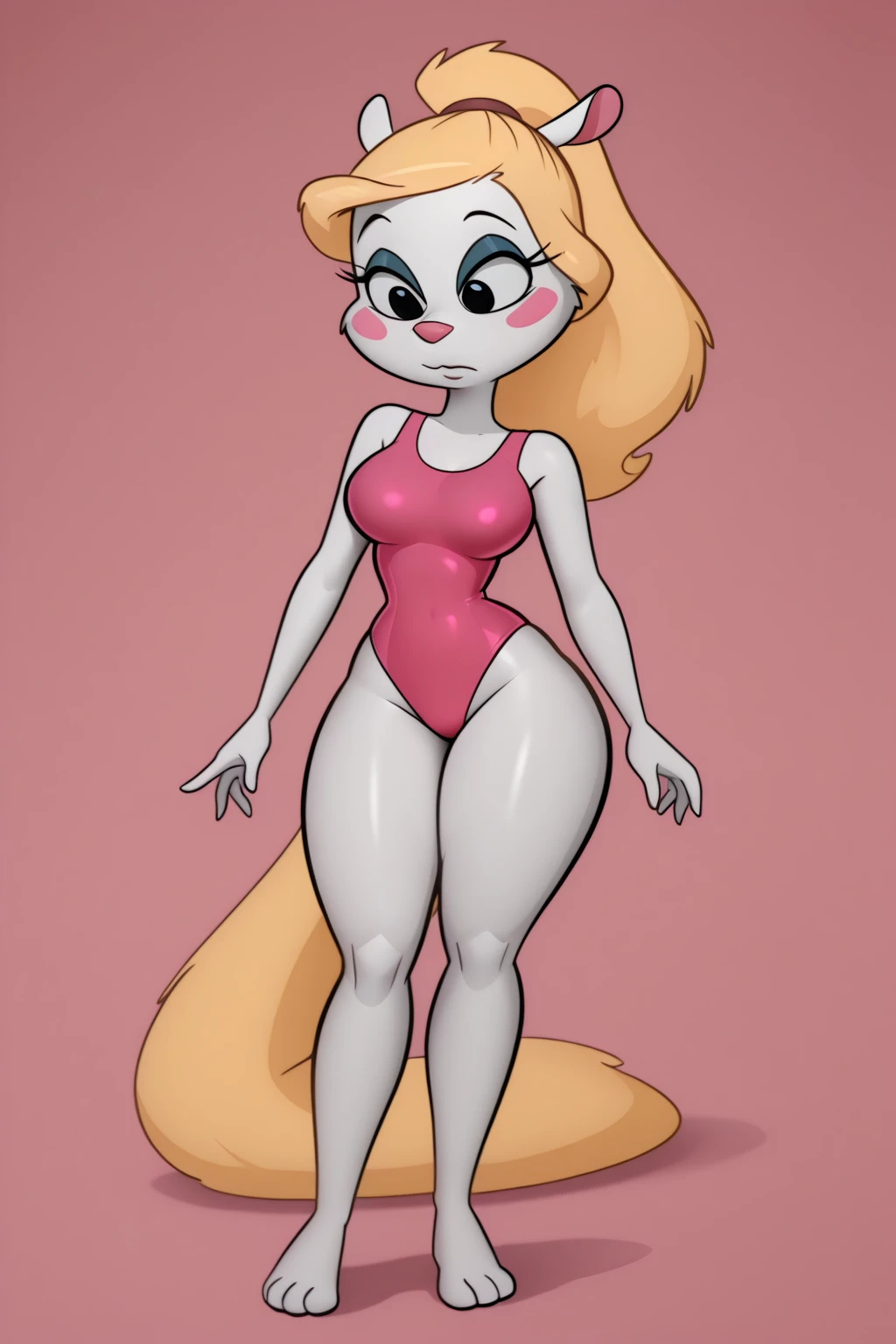 Minvera mink from Animaniacs, wearing black swimming shorts, yellow girl hair, red one piece swimsuit, sitting down with crossed legs, has thick thighs, smug expression, high quality, crisp, 1girl,