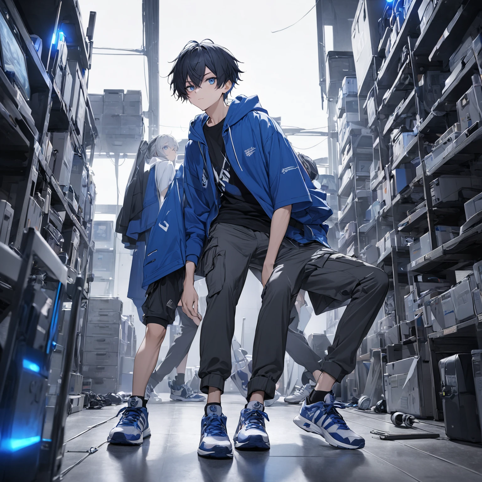 Red-faced black boy, short black hair, wearing a yellow jacket, robotic prosthetics on his arms, sad expression, wearing a shorts, and shoes, several prosthetics With 4k lights
