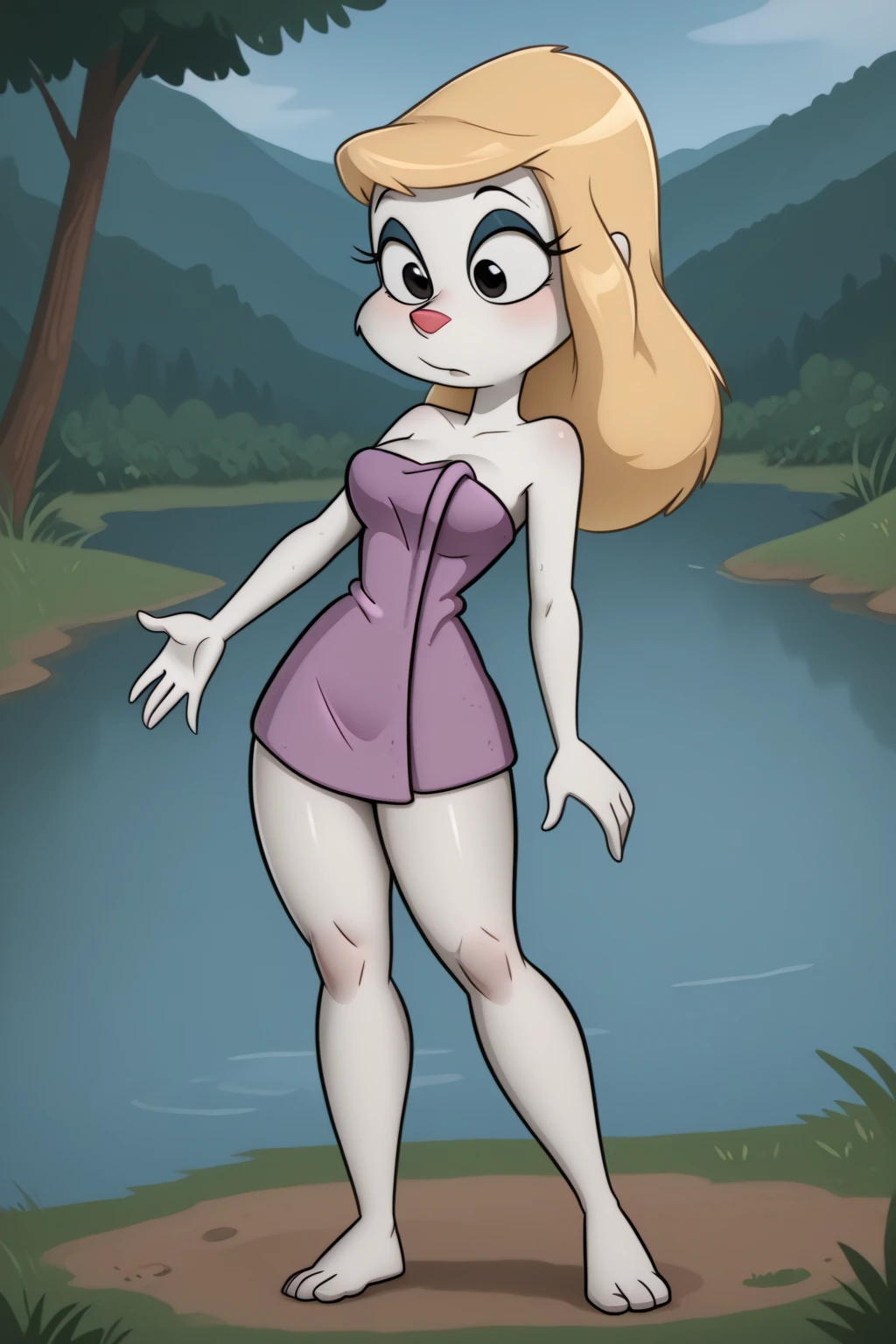 solo, mature female, slightly chubby, delos, bear, circlet, silver jewelry, short stack, long hair, white fur, white hair, blue eyes, cleavage, bikini, necklace, park, day, happy, pinup, looking at viewer, <lora:Delos-yiffy34:0.8>, uploaded on e621, (detailed background, depth of field), (intricate:1.1), (high detail:1.2), (soft focus), (masterpiece, best quality, 4k, 2k, shaded, absurd res), (by joe randel:1.2), by CyanCapsule