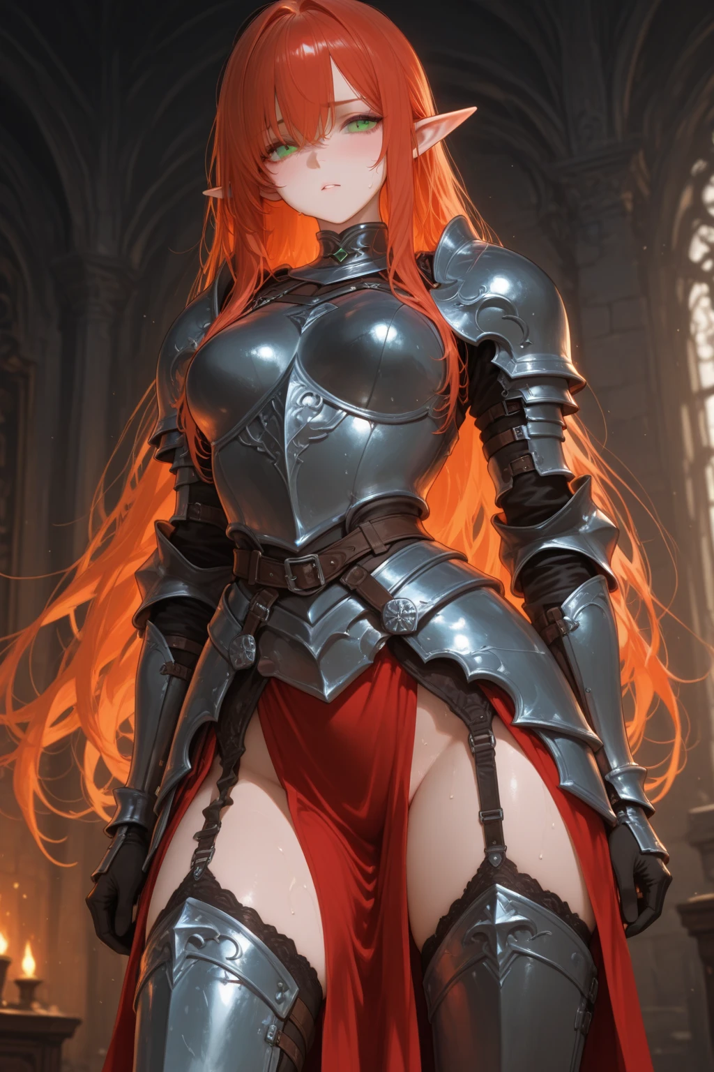 Red-haired warrior, detailed, 1 girl, beautiful, 8k, artwork, ultra realistic, medieval fantasy, black armor, steel breastplate, steel gauntlets, steel gloves, steel boots, red skirt, miniskirt, sitting, open legs, panties, panties appearing, white panties, upskirt, cameltoe, thong, nsfw, pantyshot, RAW,