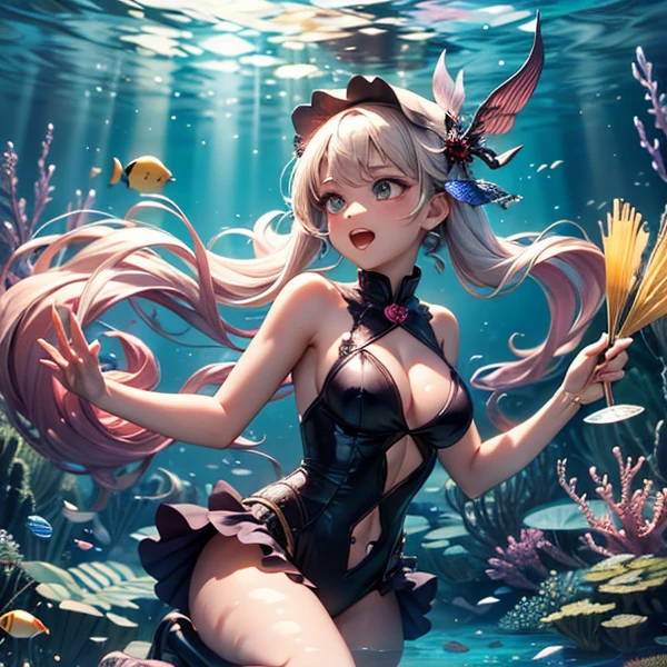 [(Transparent background:1.5)::5],(((masterpiece))),(((best quality))),(((extremely detailed))),illustration, 1girl,solo,mysterious,vivid color,shiny, underwater transparent sealed hemispherical glass dome, white hair,red eyes, full body,barefoot,long hair tranquil nature, koi,Underwater, Dome,close up,Dynamic actions,Lens perspective,(((Box composition))),sit cross-legged and lean against the bookshel,, (detailed face:1.2),shiny eyes, looking at viewer,(PureErosFace_V1:0.8), cityscape,1girl,solo,bodysuit,(fishnet pantyhose|off-shoulder dress:0.8),wet,,looking at viewer,(eyelashes:1.1), (happy:1.21),(depth of field:1.1), lens flare, (chromatic aberration:1.1), (caustics:1.1), (scattered luminous petals:1.331), (style-gbf:0.75),(highly detailed face:1.1),tiktok,dynamic angle,(wide angle:1.1),(portrait:0.5)