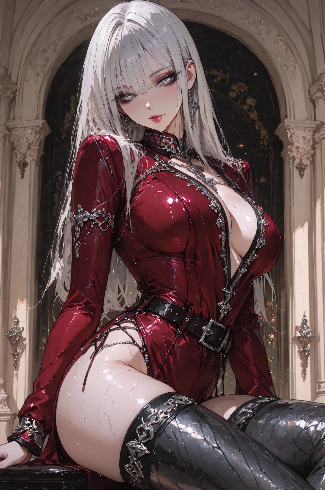 anime, vampire, girl, long hair, fluffy loose curly hair, anime red and white hair color, stylish hairstyle, symmetrical hair, hair does not cover face, curvy body, sexy girl, beautiful girl, sensual vampress dress with corset, sexy face, youthful face, wide open smile, smokey eyes, seductive facial expressions, clarity, detailed, detailed face, very detailed drawing, perfect composition, soft natural volumetric cinematic perfect light, masterpiece