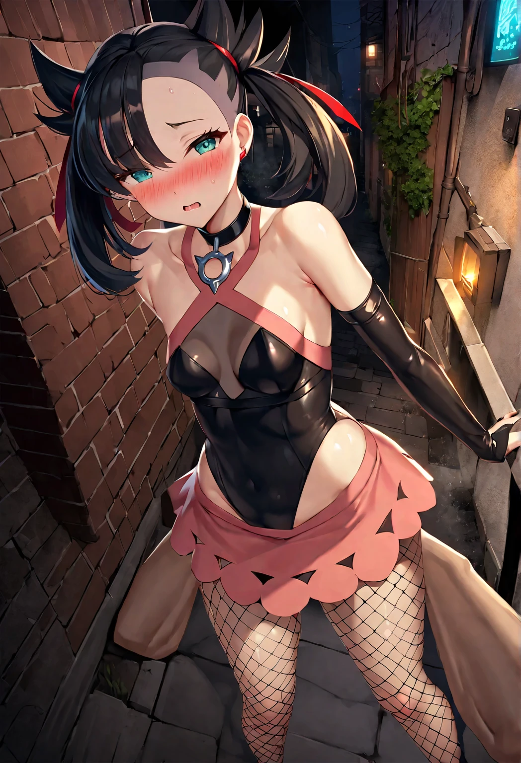 NSFW,masterpiece,Highest quality,High resolution,Super detailed,marnie_\(pokemon\),Aqua Eye, Black Choker, Red ribbon,Black leotard,Micro Mini Skirt,Removable sleeves,Fishnet tights,Small breasts,Be nervous,Embarrassed,blush,Downtown at night,Alley,(Middle-aged men),prostitution