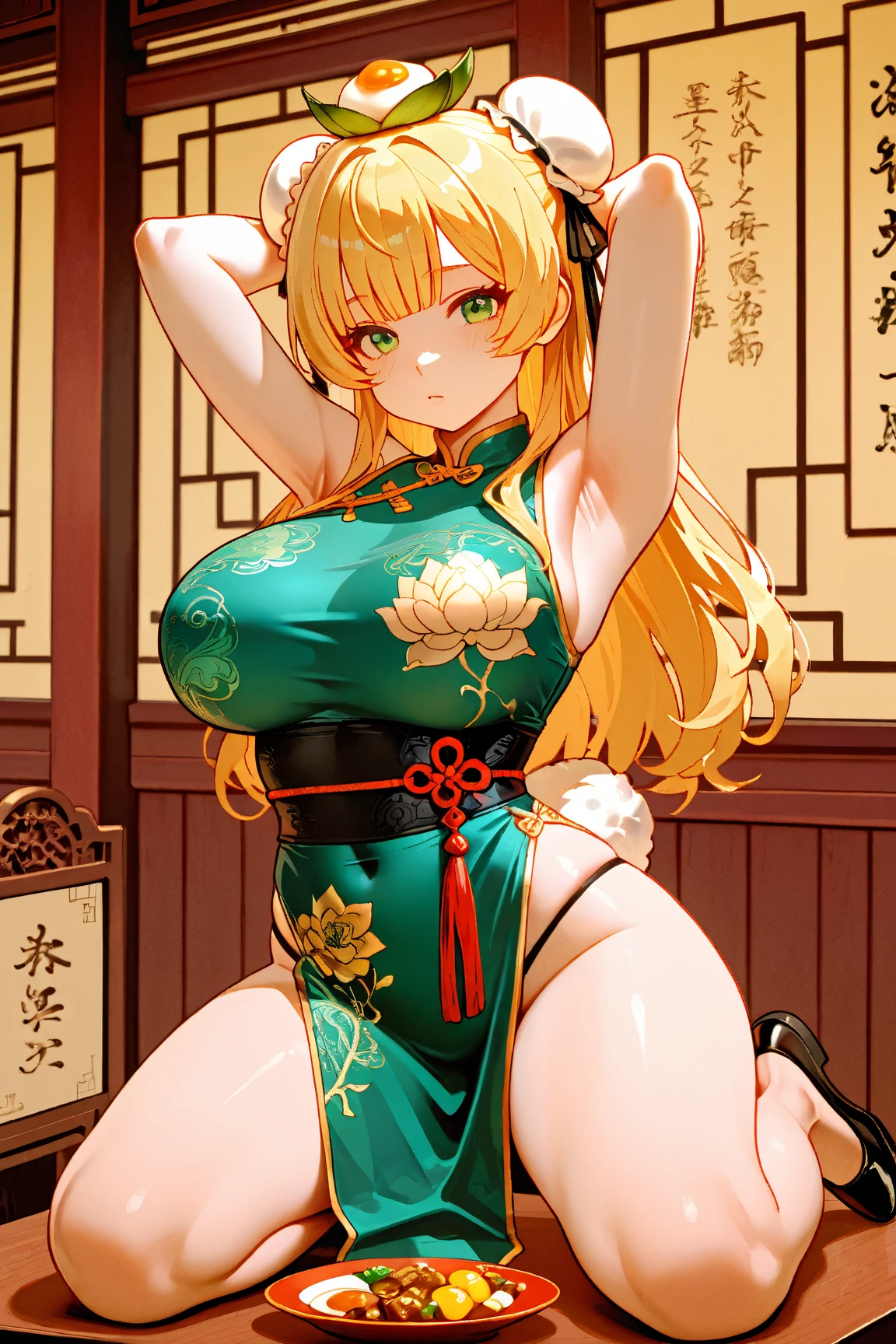 beautiful girl,Long blond hair,Green pupils,(Ball head),(Chinese Cheongsam),High-cut cheongsam,Light blue cheongsam,Bare legs,Chinese traditional style,((underboobs)),((Below the breasts)),((Lower breasts)),(Big breasts)