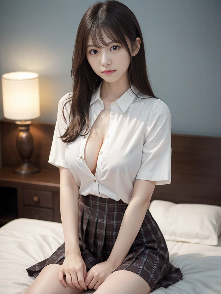 ultra highres,(reality: 1.4),highest quality, masterpiece, high detail, 16K quality, beautiful, 1 beautiful girl,japanese,super beautiful face,baby face,japanese idol face,cute face,super detailed face,detailed hand,beautiful skin,oily skin,big eyes,profeccional lighting,medium hair,brown hair,black beautiful eyes, big smile,laying down on bed, spread legs,(skirt lift),spread pussy,detailed pussy,medium breasts,see through white shirt,open button,cleavage,(checked skirt),high socks,she is looking at the camera,hotel,nsfw,