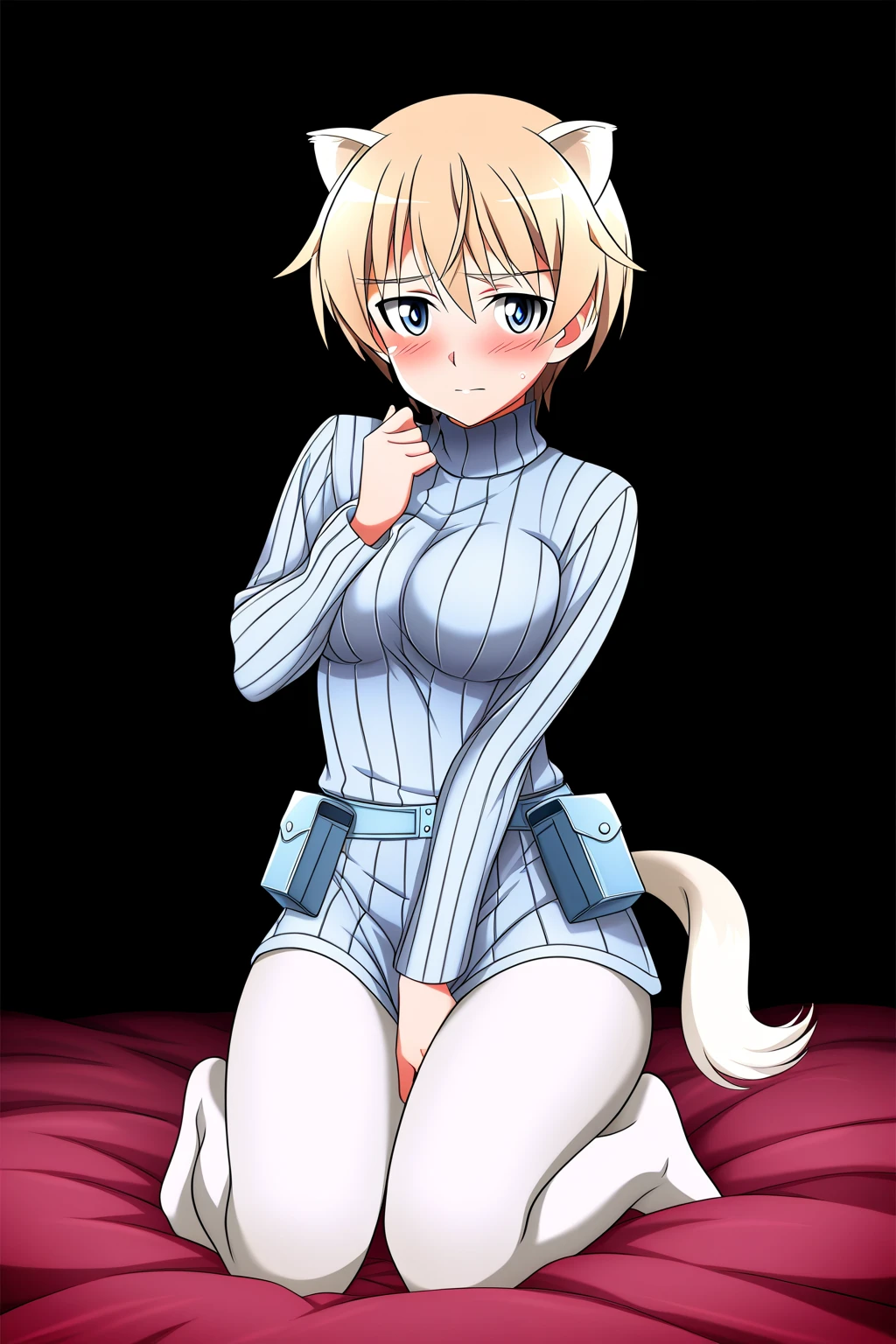 1girl, dog ears, large breasts, breasts, wide hips, white shirt, blonde hair, very short hair, dog tail, light smile, blue eyes, jeans, pants, belt, impossible clothes, spread legs, squating, orange sleeves, long sleeves 