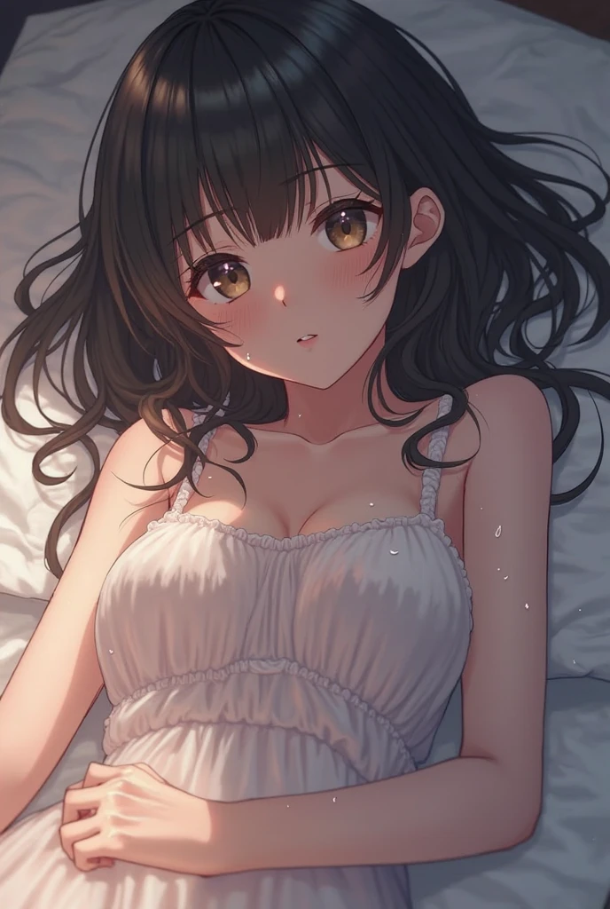 Asahi illuminates the room, beautiful girl, ((Lying on the bed in the bedroom)), (smile, Red cheeks), white camisole,(Delicate lace), Slender body, (( Mid-chest)), (Highest quality), (Highly detailed skin),Medium Hair, (Smooth Hair, Thin Hair, Very Thin Hair, ), (My bangs get wet, Hair on the sheets), (Beautiful girls), Detailed eyes,(Droopy eyes:1.2), Delicate and beautiful face, Exquisite detail, Highest quality, 8k, Gentle sunlight, An air of silence , (Asahi), Painting the world with a gentle glow,  White wall, (White sheets) , Morning Silence, (Calm morning air), Peaceful Expressions, Embarrassed face, Lying in bed, (Very cute look, Coquettish), (Shooting from above), ((Red cheeks))