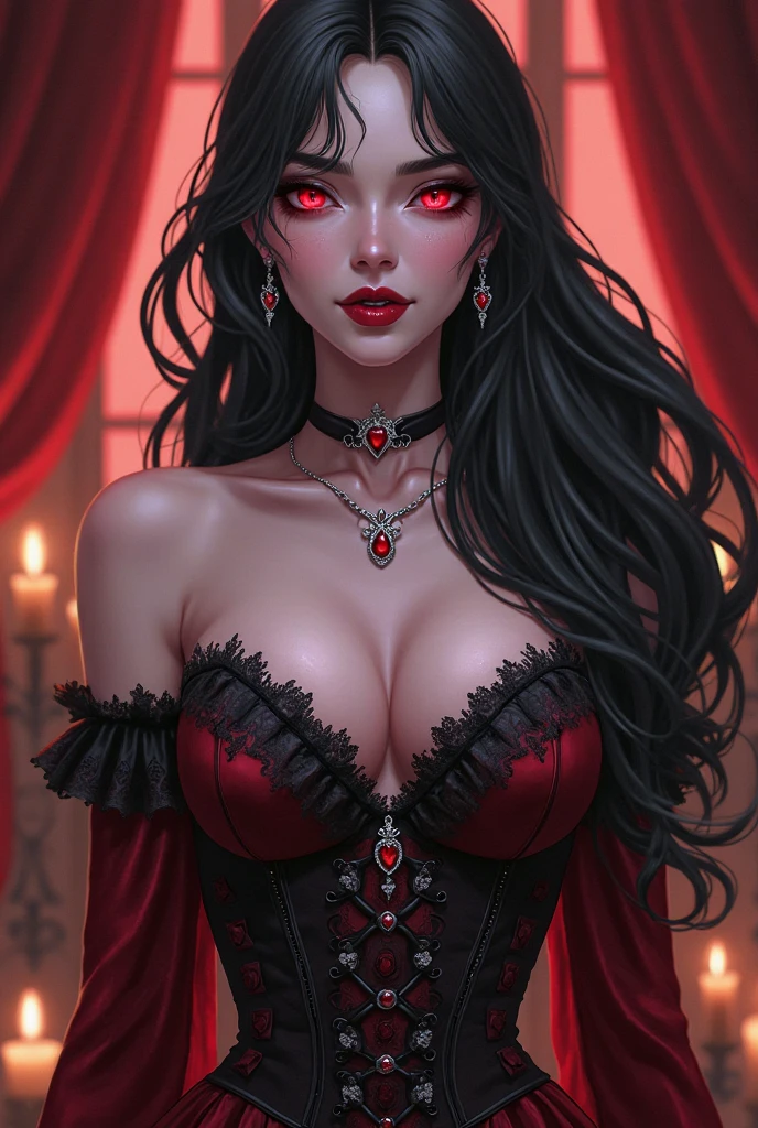 8K,(Sharp Focus：1.1） vampire queen,（(His mouth was covered in blood)）， Blood drop， Blood-stained hair， Ruby tiara， laced dress， Cleavage is seductive， Looking， dark shadow， Intensity， fanaticism， 8K， high quarity， intricate detailes， closeup cleavage， Glowing red eyes，You can see the vampire&#39;s big fangs,large full breasts,