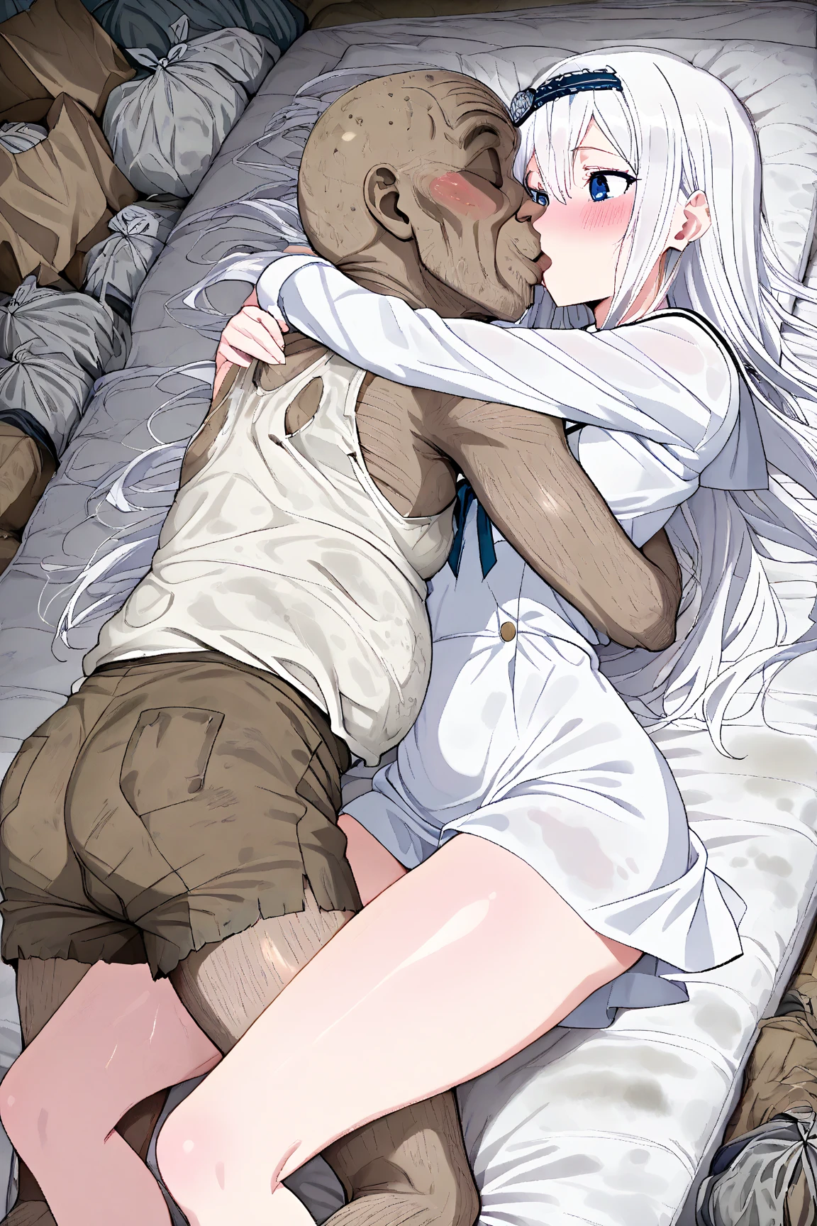 source_anime,  Missionary, nude,  Dark Elf, Female, cute, (black skin:1.3), (Tall height:1.3), Slender, Small Breasts, Long Braids, Silver Hair