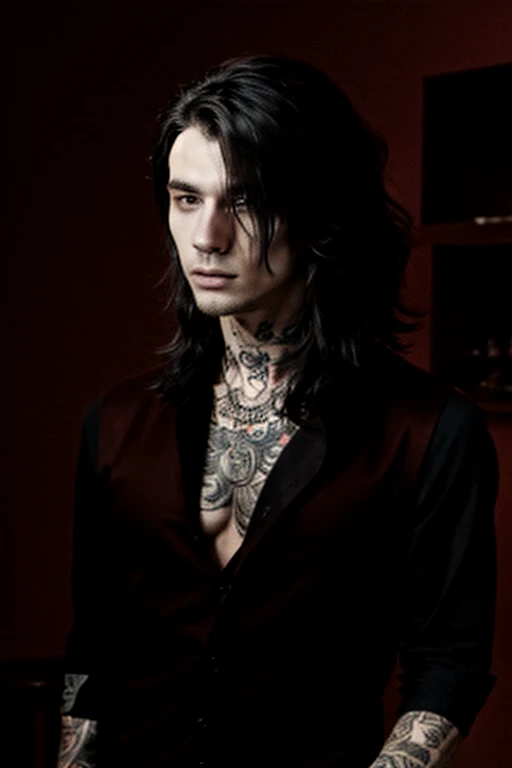 Homme cheveux noir , tatouage de rose sur le cou , style gothique , ambiance gothique, esthetique gothique ,style sombre , ambiance sombre, chaine , chaine noir , ambiance horreur , style horreur, type horreur, emo , ambiance emo , hestetique sombre 