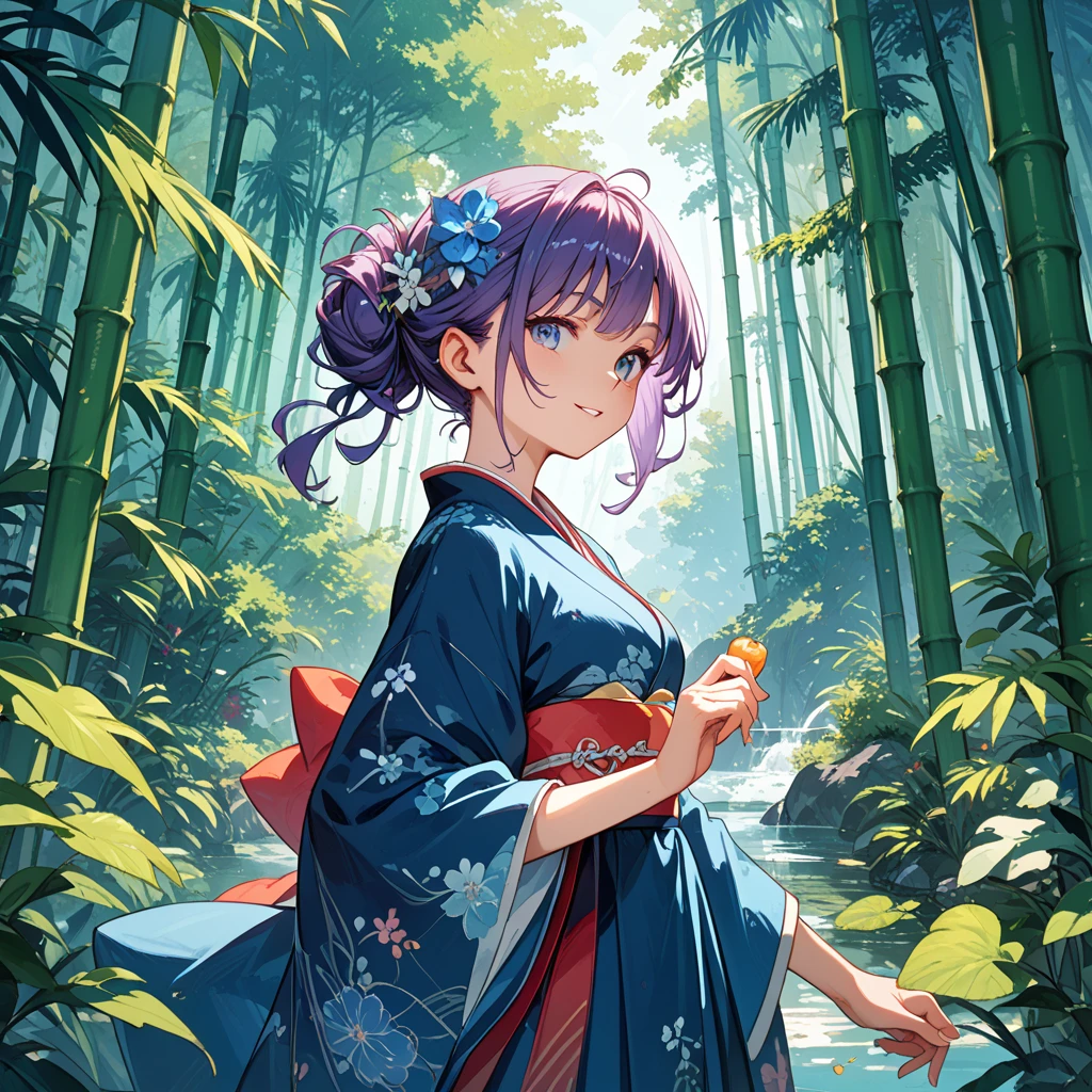 (32k), ((cute girl)), (hight quality), (high-level image quality), (smile), (hight quality wisteria flowers background), (32k background), (wisteria trellis), (purple short ponytail), (purple eyes), (18 years old), (illustration), (purple light particles), (purple kimono), (purple Japanese clothes), (((from above))), (32k), (beautiful cute girl), (butterfly ornament), (butterfly dresany butterflies)), (((background of many flowers ))), (((bright background))), (beautiful world), (cute world), (smile), (((beautiful quality))), (((the floor is on the water))),