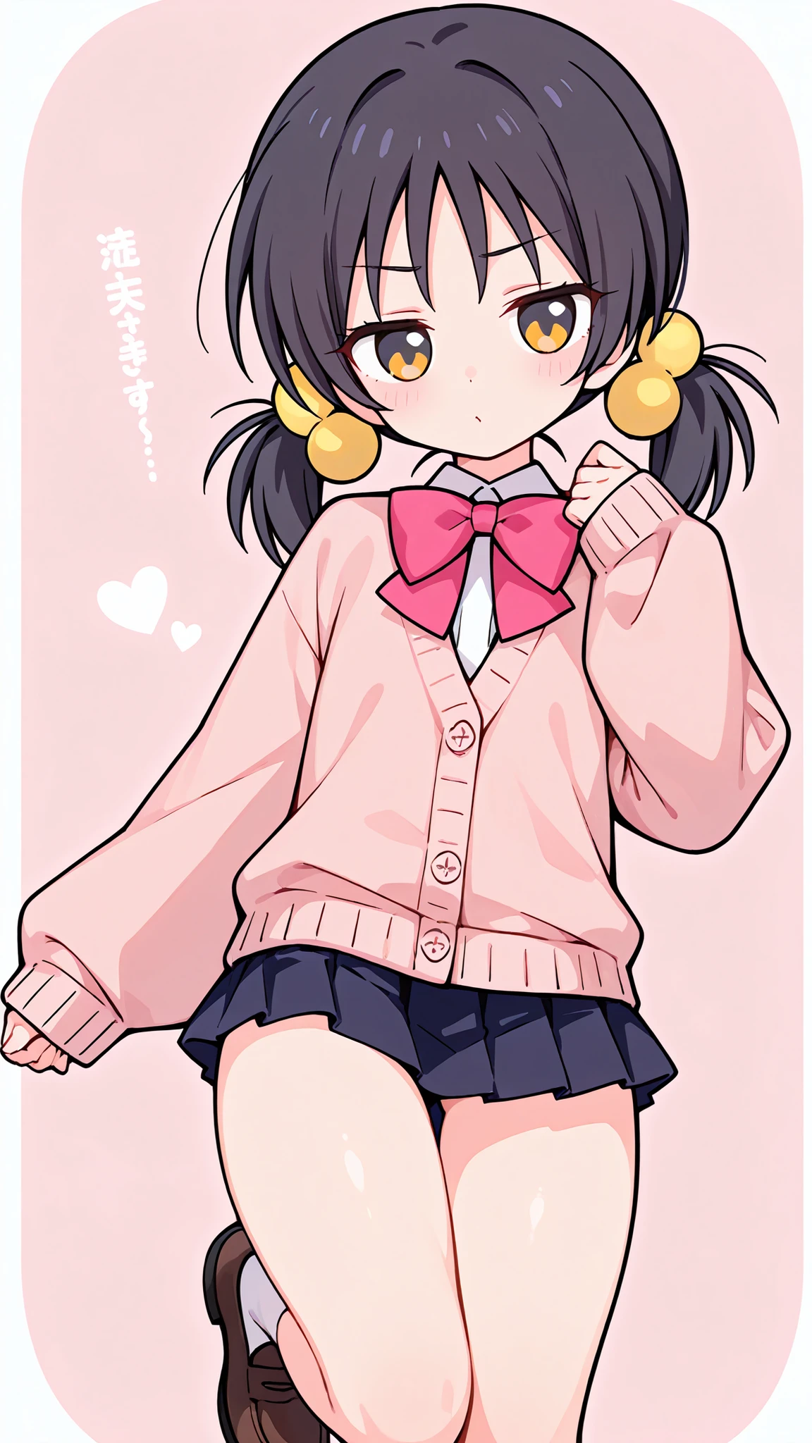 ((anime style)),nsfw,((sexy pose)),score_9, score_8_up, score_7_up, source_anime,high quality,detailed,high resolution,best quality,best detailed girl,masterpiece, 1girl , ((solo)),Kaai Yuki, a girl with dark hair, twin pigtails,cartoon-style outfit, light pink cardigan with a dark pink bow tie, ((((((black mini skirt)))))),(((white short sox))),(brown loafers),Art, Artstyle, Artist,(((((((A glimpse of her thighs))))))),