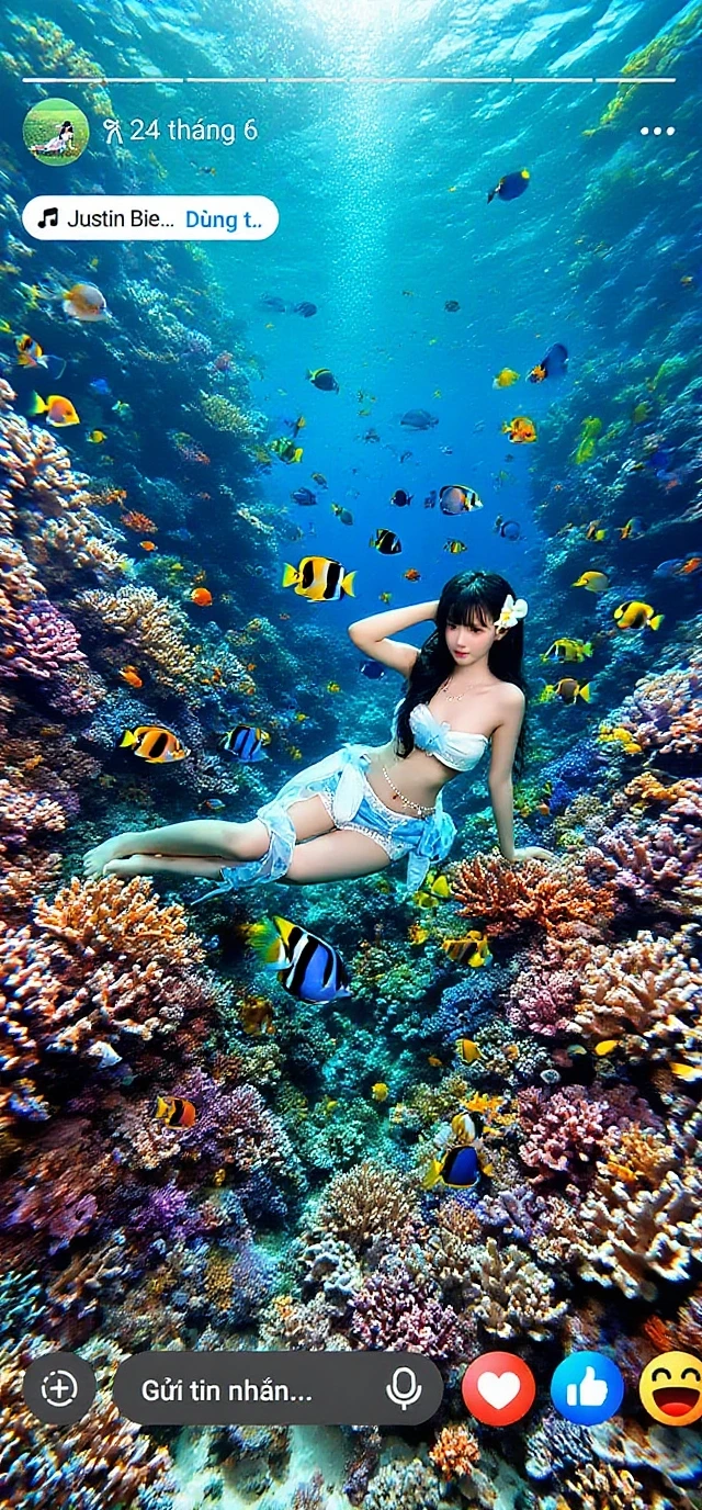 A cute and beautiful Japanese woman in her late twenties with semi-long hair and a voluptuous figure is diving underwater. She is facing the camera with a beaming smile, looking very stylish in a micro bikini. There are many beautiful tropical fish swimming around her.