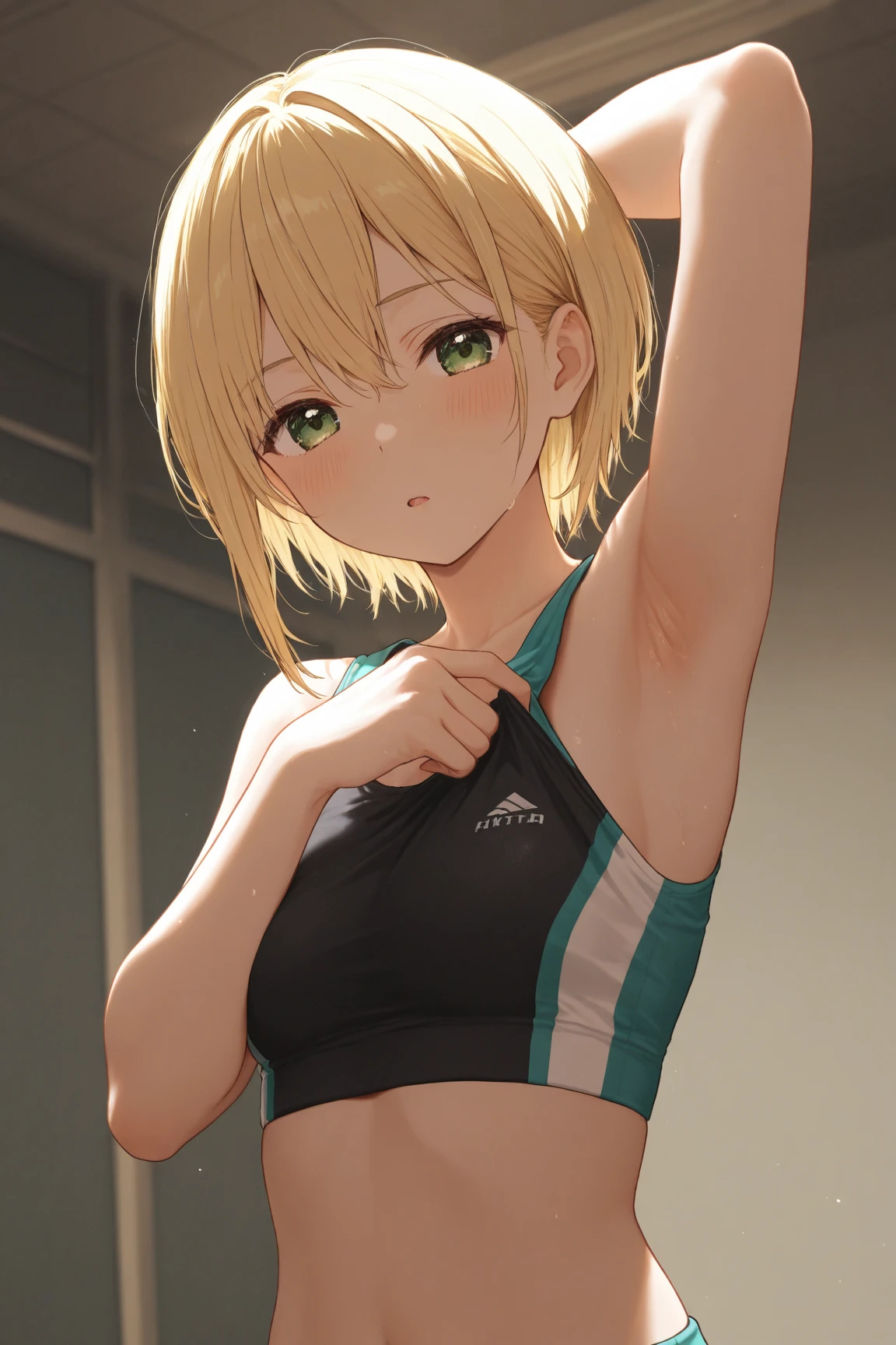 (Highest quality:1.2, Very detailed, Latest, Vibrant, 超High resolution, High Contrast, masterpiece:1.2, Highest quality, Best aesthetics), (((1 girl))), Carefully painted flooring and yoga mats, Training Room Background, (Cropped tops:1.2, The underboob is visible), Professionalism, Bright colors, Soft lighting, Expressive eyes, Detailed lips, Long eyelashes, Pleasant atmosphere, Foster a sense of inferiority, Obscene eyes, Lewd smile, Open your mouth, blush, ((Training wear, hot pants, Lying on a yoga mat:1.2)), Positive Energy, Calm background, A being to nurture, High resolution, correct perspective, (Soft focus throughout).