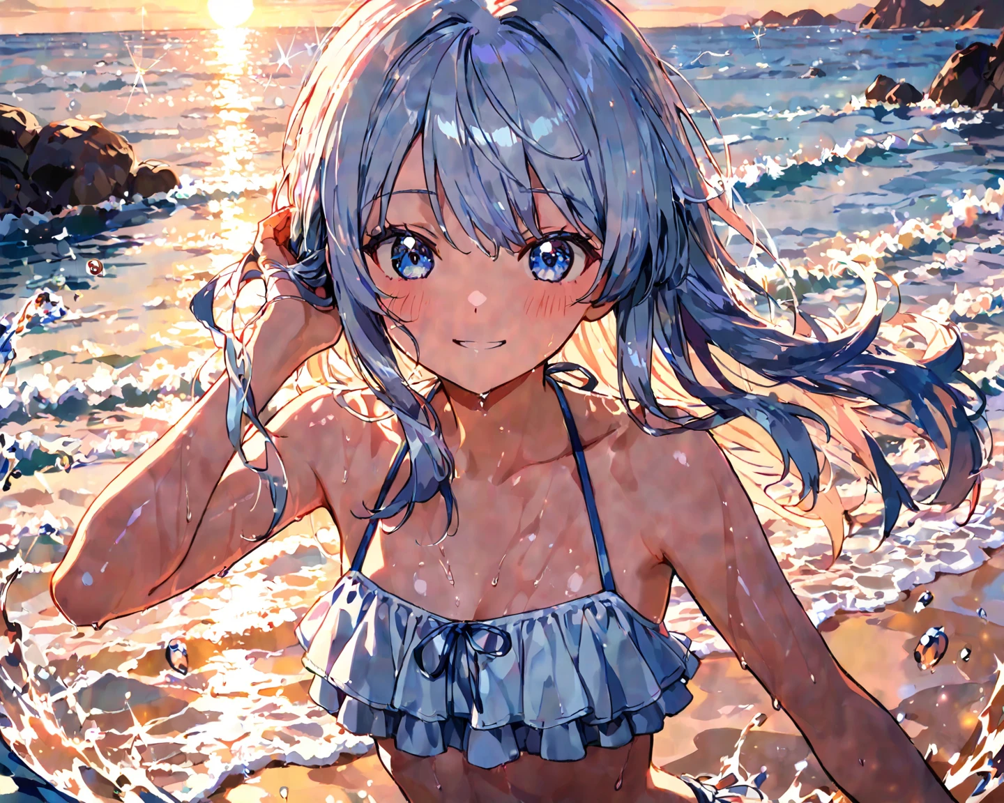 (pov lovely swimsuit style) (beautiful body), (solo:2, 15 yo, forehead blue hair long hair lovely girl, cute blue eyes, glossy lip, love smile, small tits), (in a cute Sequins bikini with double exposure:1.2 of water), break, in the sunshine Swimsuit contest venue, background beautiful ocean, Double Exposure beautiful rays, BREAK, perfect anatomy, masterpiece, best quality, 16k, beautiful detailed water, sexy, daydreaming expression.