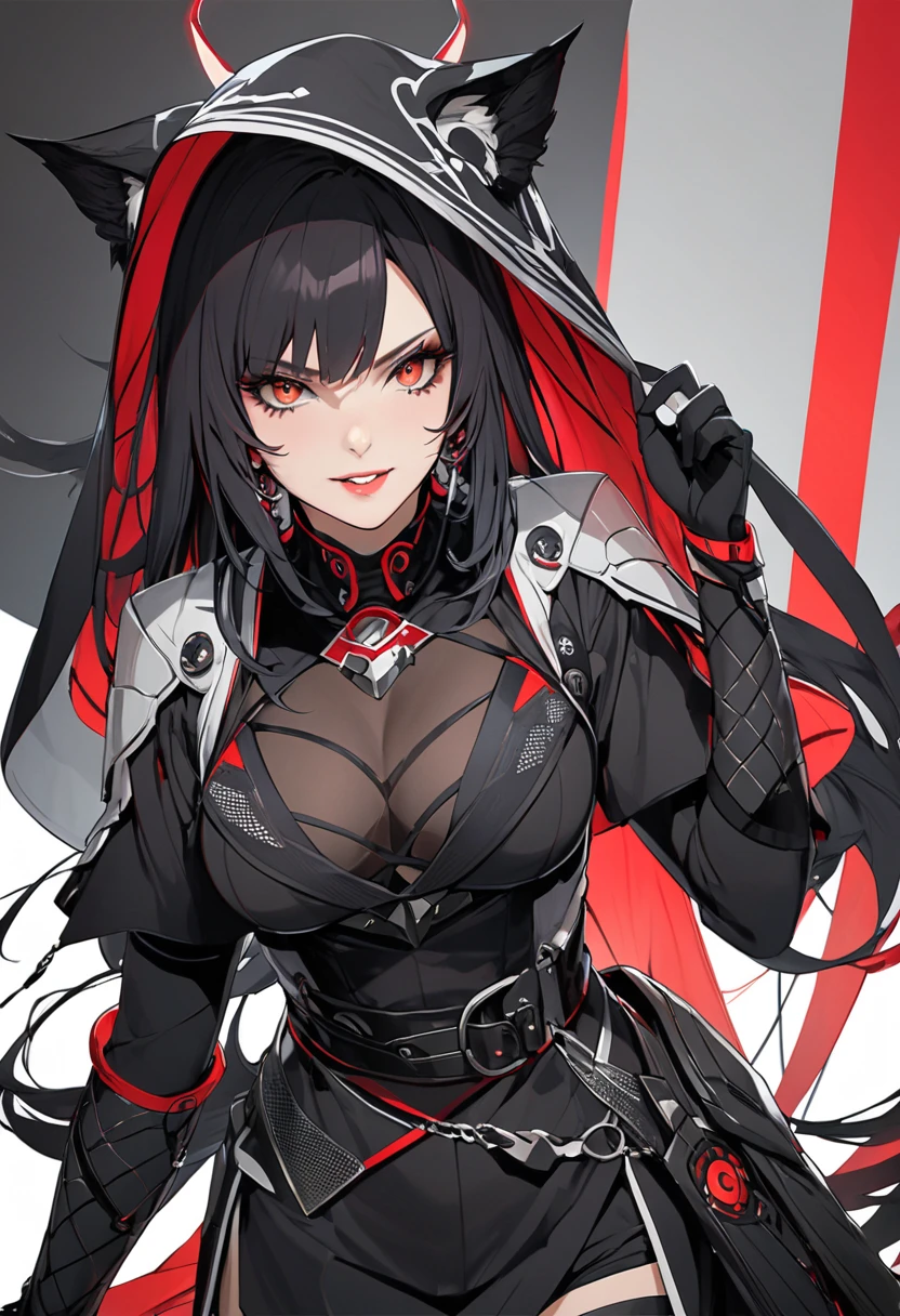 (best quality, masterpiece, anime) (solo) ((black hair:1.8), (hair with red highlights:1.7), (very long hair, single ponytail)), ((heterochromia_eyes_red_and_grey:1.4)), thick thighs, huge breasts, muscular, athletic, (cyborg:1.5), (robot arms:1.4), (robot legs:1.4), ((highcut leotard:1.8), one-piece, red_black_outift:1.3,) cleavage)), (jacket:1.3), (headgear, horn-like devices), toned body, 1 woman, (age 26), ((holding sword:1.6, katana, glowing)), beautiful, sexy, first rate body, (Lucia_Crimson_Weave:1.4), Lucia