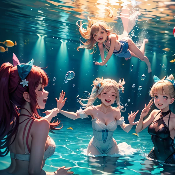 3 girls, three girls underwater, multiple girls, blush, nessa (pokemon), 3girls, dark-skinned female, swimsuit, tiny bikini, dark skin, tankini, misty (pokemon), orange hair, lana (pokemon), blue hair, underwater, looking at hte viewer