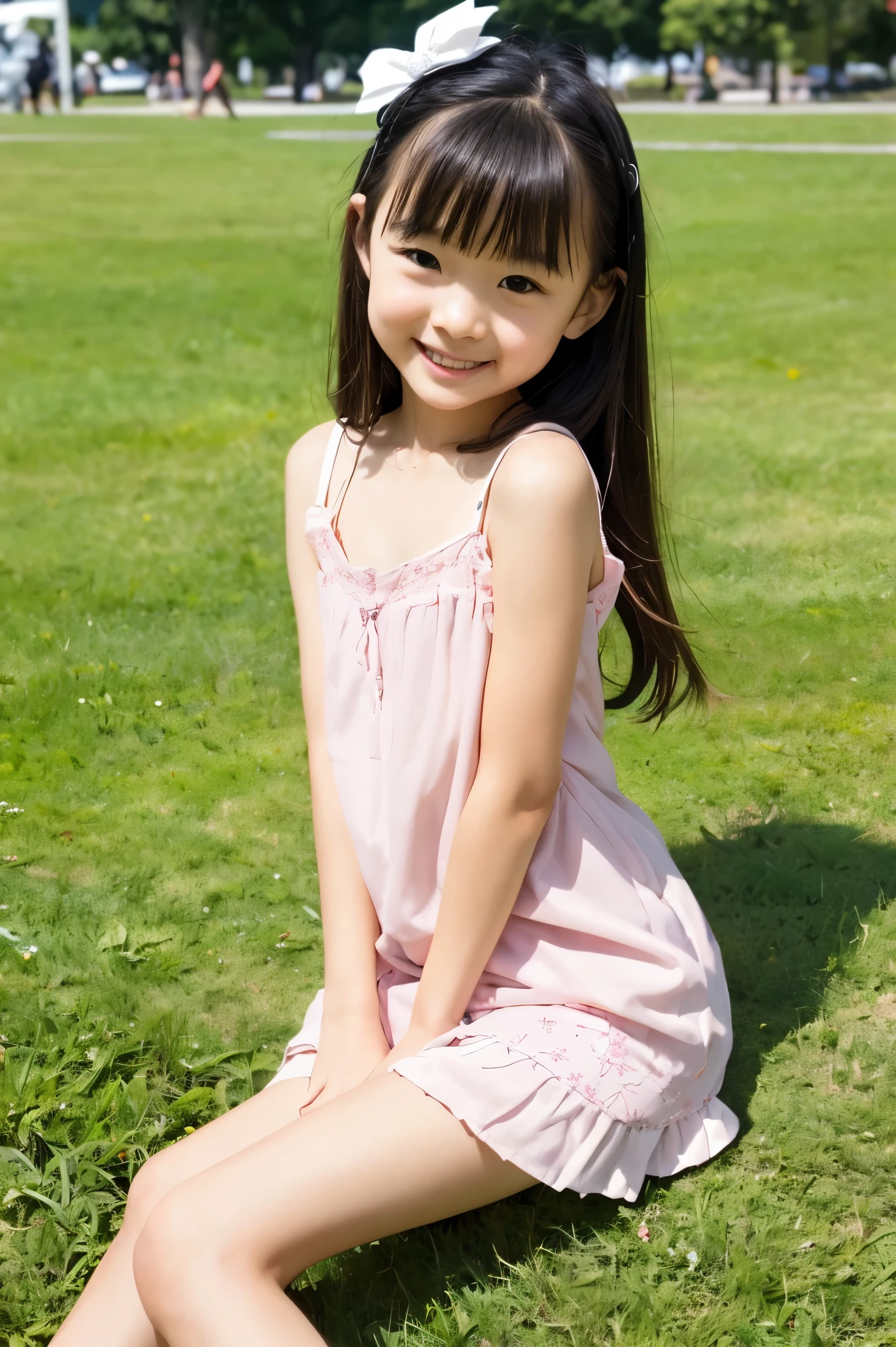 Japanese,10 years old,Innocent face,Teenage Girl,cute,Wear a dress,Summer clothes,Sitting