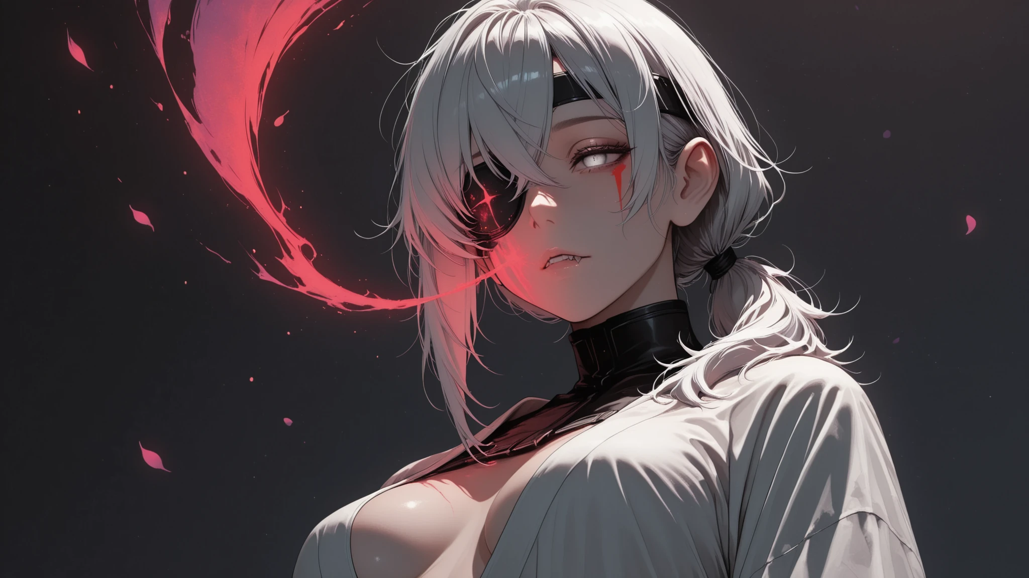 hand,ladyshadow,Masterpiece，best quality，Detailed Eyes，Delicate Beautiful Face，Close-up Portrait of Female Shadow，Upper body perspective，dusk light，side view， have deep eyes ，Single Beam of Light，dark background，low double ponytail hairstyle，Headband decoration，Slim Breasts，gray eyes，soft bangs，Arm Raised Position，Deep Purple Shadow Ambience，Long Legs，messy hair，Tired look，Scattered Dark Purple Petals，Delicate and rich picture，The atmosphere is dreamy，with soft lighting，Aesthetic and realistic, full body of female underworld dark fantasy crypt sentinel guard elite warrior smiling face dark guard, guarding dark crypt gate with magic wolf insygnia, HDRI, cinematic framing, high contrast, DLSS, 16K, rich detailed  A mid far portrait of a woman with red magic lasso nothing spreading whole picture,holding two with saw tooth  . Her face is sharply detailed, with smooth skin textures, defined facial features, and a piercing gaze that shows confidence. whitehair, white eyes,  eyes,white red rugged robes, with , eye patch face war paint  . She is set against dark, contrasting background\, enhancing the contemporary feel. The composition is minimalist, focusing on her expression and the fine details of her features, blending the striking aesthetics of modern pop culture with artistic anime . She wears a dark,fitting palto. throat augumentation,  cyberpunk assassin The overall aesthetic is hyperrealistic, capturing intricate details like the texture of her skin and the delicate play of light and shadow, with a color palette of warm an dark .post apo gas masked accidic swampy survivor in fog,  wallpaper