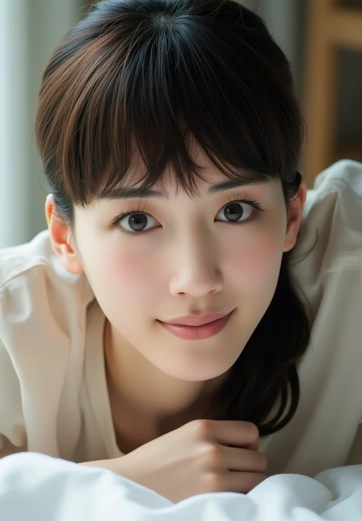 Beautiful girl playing with a puppy, 17 years old, (Highest quality:1.4), (Very detailed), (Very detailed美しい顔), sit, avert your eyes, smile, White T-shirt, Great face and eyes, iris, Medium Hair, The Beauty of Japan, (Skinny body type:1.3), (Flat Chest:1.3), (toy poodle:1.3),Smooth, Very detailed CG synthesis 8k wallpaper, High-resolution RAW color photos, Professional photography, Light, BackLight, dream-like, impressive, Written boundary depth, Bedroom, (Shooting from below:1.2)