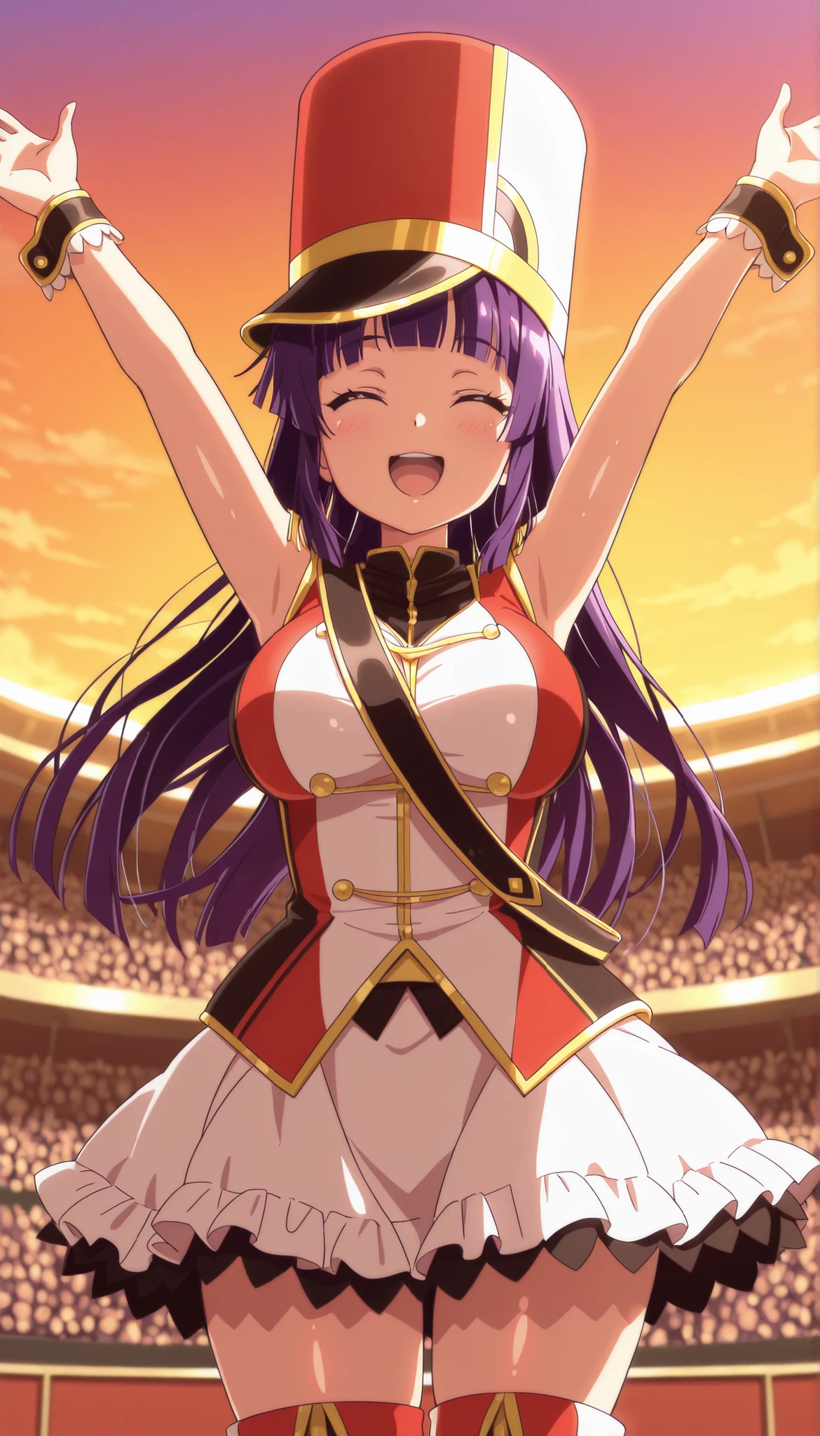 score_9, score_8_up, score_7_up, source_anime, solo, 1girl, looking at viewer, absurdres,highres,masterpiece,best quality,amazing quality, ultra detailed anime style, anime coloring, shiny skin, closed eyes,well-defined fingers, AoiIzumizawa, purple hair, long hair, bangs, blunt bangs, large breasts, kokorohhw, hhw skirt, hhw shako cap, hhw band uniform, hhw wrist cuffs, hhw thigh boots, rouge lips,smile,outdoor live stage, sunset sky ,audience ,raise up arms ,waving, cowboy shot,open mouth