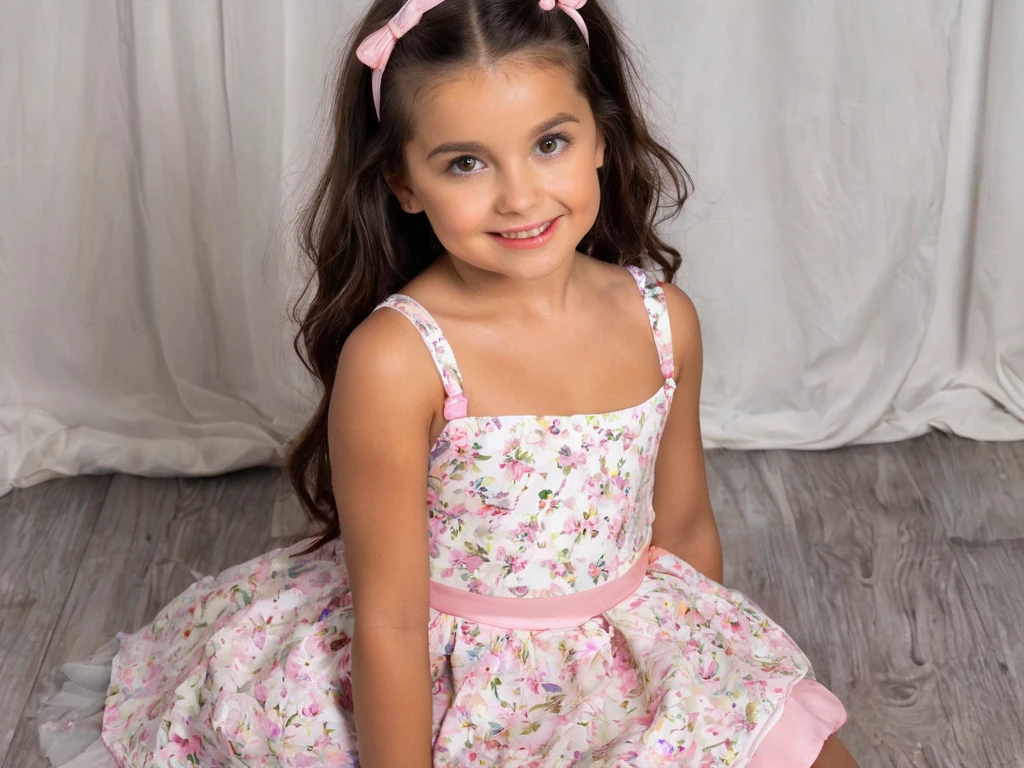 A photo of a 3-year-old girl with curly hair, a pink shirt, white tights, and pink dress shoes
