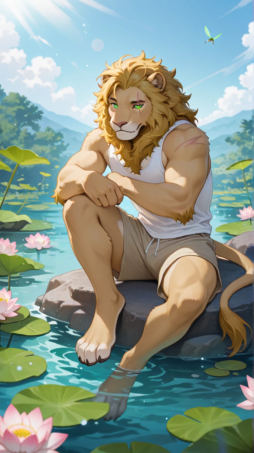 (by hioshiru and kenket and dimwitdog, Michael &amp; Inessa Garmash, Ruan Jia, Pino Daeni, Chunie), solo, anthro, male, ((goat)), two small horns, ((intricate fluffy fur texture detail)), long hair, pinup, (yellow eyes), chest tuft, ((dress)), digitigrate, (tail), handsome, cinematic, solo, (shading), (detailed eyes): 1.2, ((bust portrait)), (Open see-through pink robe 20.0), (robe is below the shoulders 2.0), (pink thong 5.0), (pink garter stockings 3.0), (flared waist 3.0), lying on his back among the flowers, shy pose and smooth, (black fur 20.0), hooves, (very long mane 5.0), (hooves in water 5.0), background with flowers and a river in the forest, male.