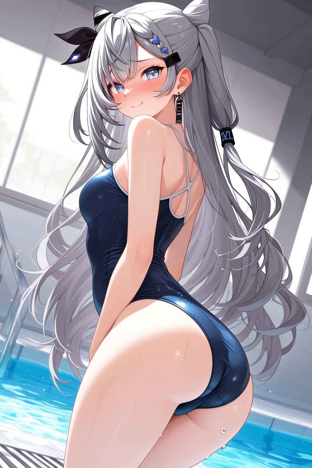 high quality、最high quality、Ultra-high resolution、Slender beauty、White color swimsuit、Embarrassed look、Droopy eyes、crack、Back Angle、shower room