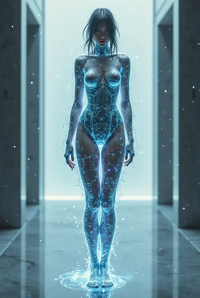 A female figure transcending dimensions, her form partly phasing into a luminous portal, surrounded by geometric patterns of light, her eyes aglow with the secrets of alternate realities.