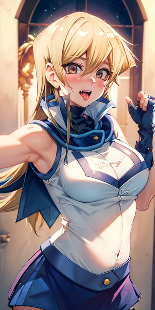 Very detailed、highest quality、Best image quality、masterpiece、8k、Anime Face、A kind smile、Open your mouth、Sparkling blue eyes、(Blonde:1.5)、(Fold your arms above your head:1.5)、Muscles of the whole body、Sophitia Alexandra