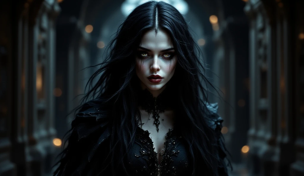 handsome girl , A vampire in black clothes and a black cloak, White long hair, pale skin, red hungry eyes, Slender figure, tender sexy, predatory smile