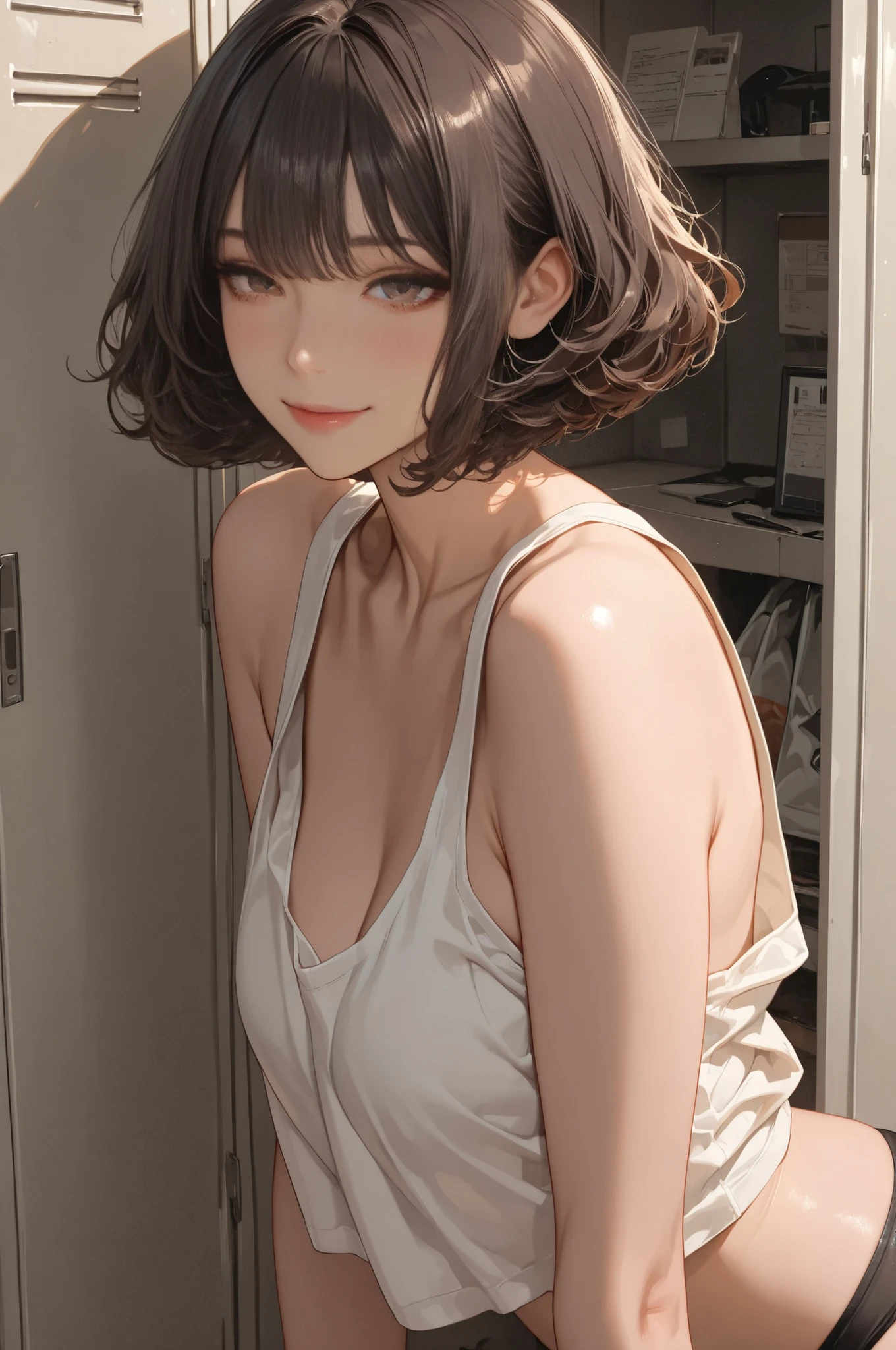 ((((masterpiece, best quality, high resolution)))), Extremely detailed 8K, Beautiful girl with voluptuous body, (Ultra HD, Ultra-detailed, Highly detailed, Highly realistic, Ultra-realistic, photograph realistic), (1girl:1.5), (Realistic white hair), short wavy hair, bob cut, (dynamicposes), facing at camera, light smile, parted lips, purple eyes, average breasts, sagging breasts, (beautiful detailed face, beautiful detailed eyes), white lingerie, sweat, glow, (sunbeam, sunlight)